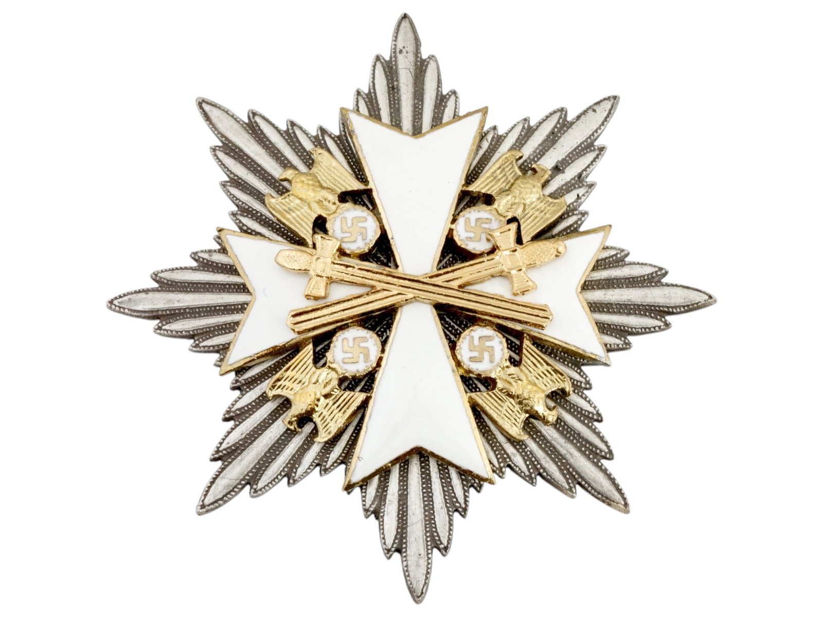 GERMAN WWII TYPE GRAND CROSS ORDER GERMAN EAGLE W SWORDS: A WWII Nazi German model Grand Cross of the Order of Merit of the German Eagle with Swords for foreign heads of state and diplomats. Introduced by Adolf Hitler in 1937, this grand cross features a whi