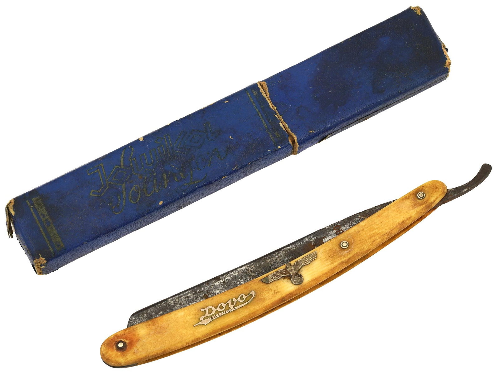 WWII NAZI GERMAN DOVO SOLINGEN WEHRMACHT SHAVING RAZOR: A WWII Nazi German Wehrmacht straight shaving razor by Dovo Solingen, featuring a Nazi eagle emblem on the handle. Hallmarked to the steel blade. In the original box. Second World War German Military 