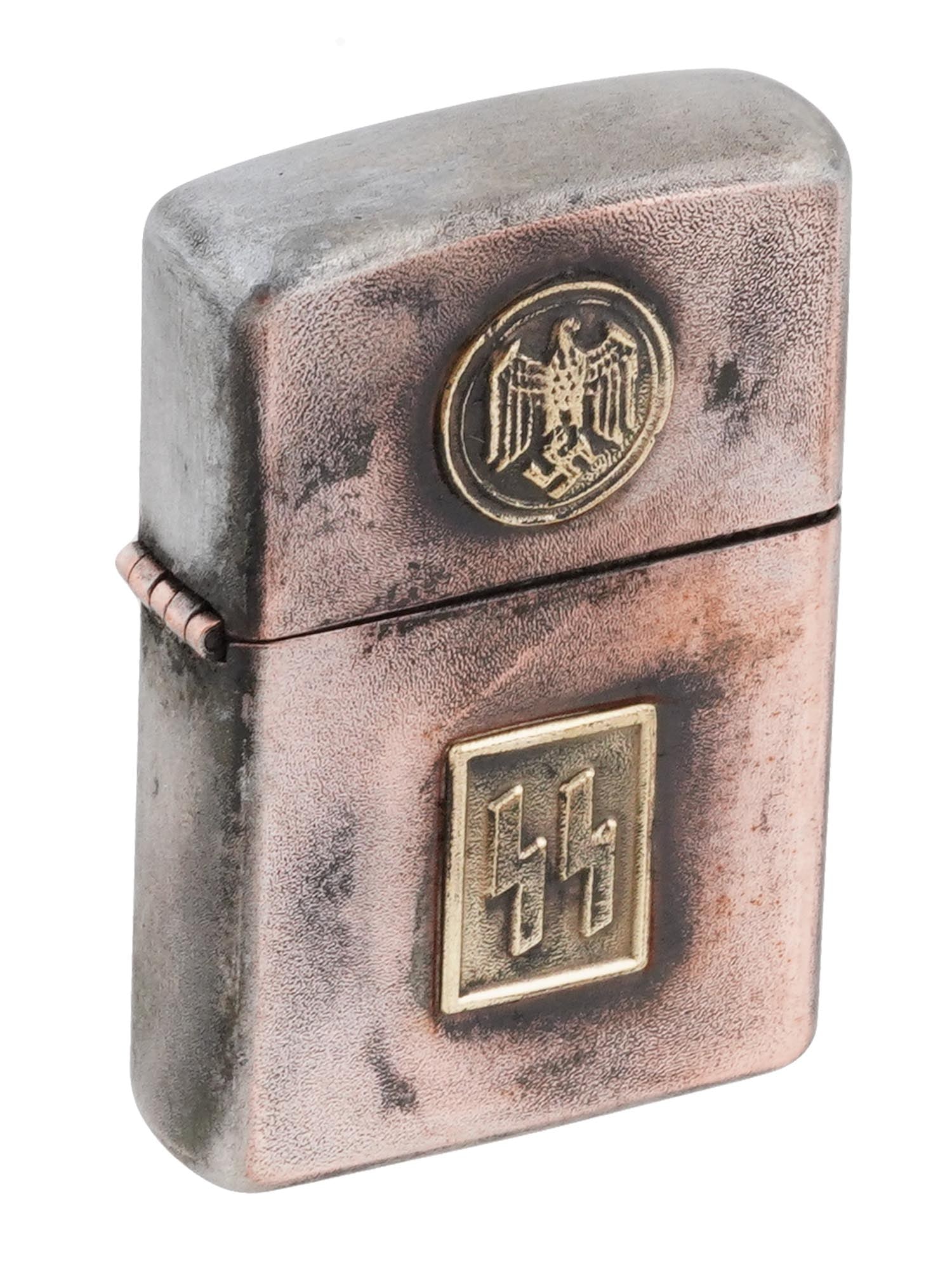 WWII TYPE GERMAN WFFEN SS ZIPPO CIGARETTE LIGHTER: A WWII type German Third Reich Zippo style metal gas lighter. Features a German eagle with swastika on the lid and SS emblem on the case. Hallmark RZM is on the bottom. World War II Historical Collect