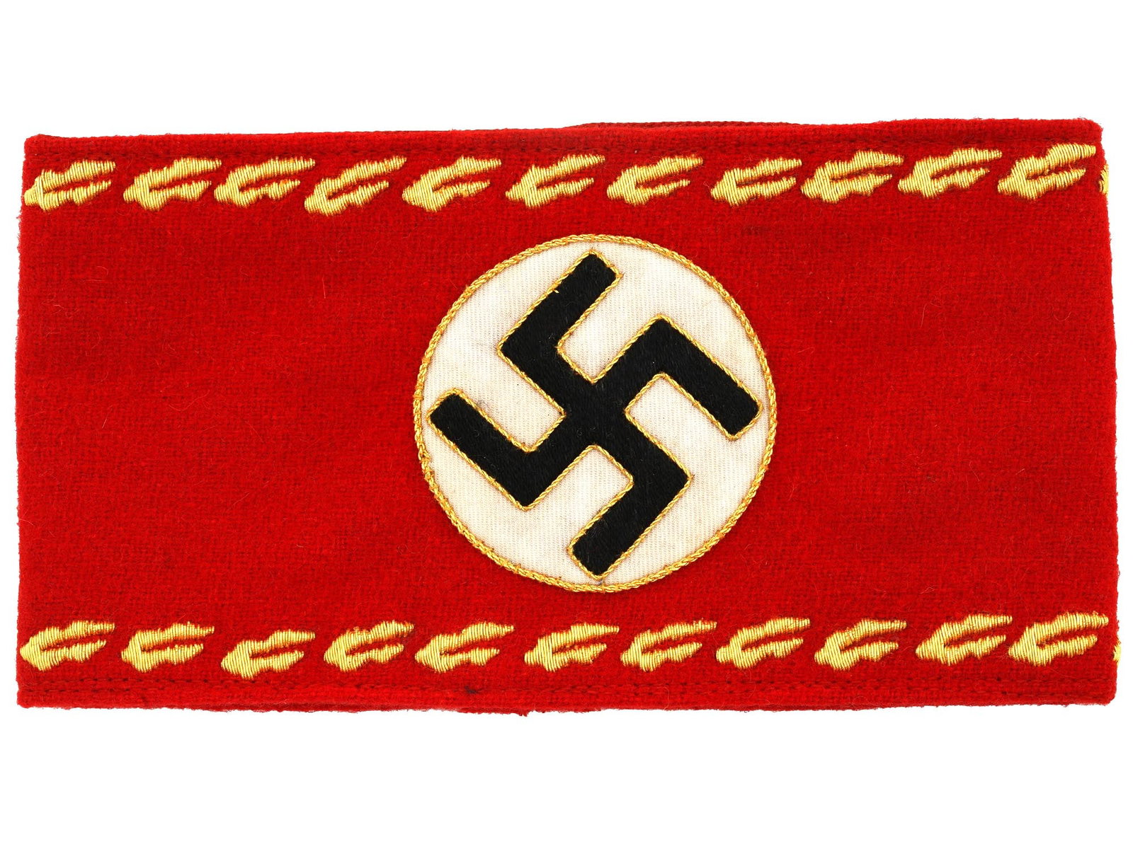 GERMAN WWII NSDAP REICHSLEITER NATIONAL LEVEL ARMBAND: A WWII Nazi German Third Reich era type NSDAP Reichsleiter National Level armband. Made of red felt with golden thread embroidery, features a Swastika emblem and an oak leaves pattern. Second World Wa