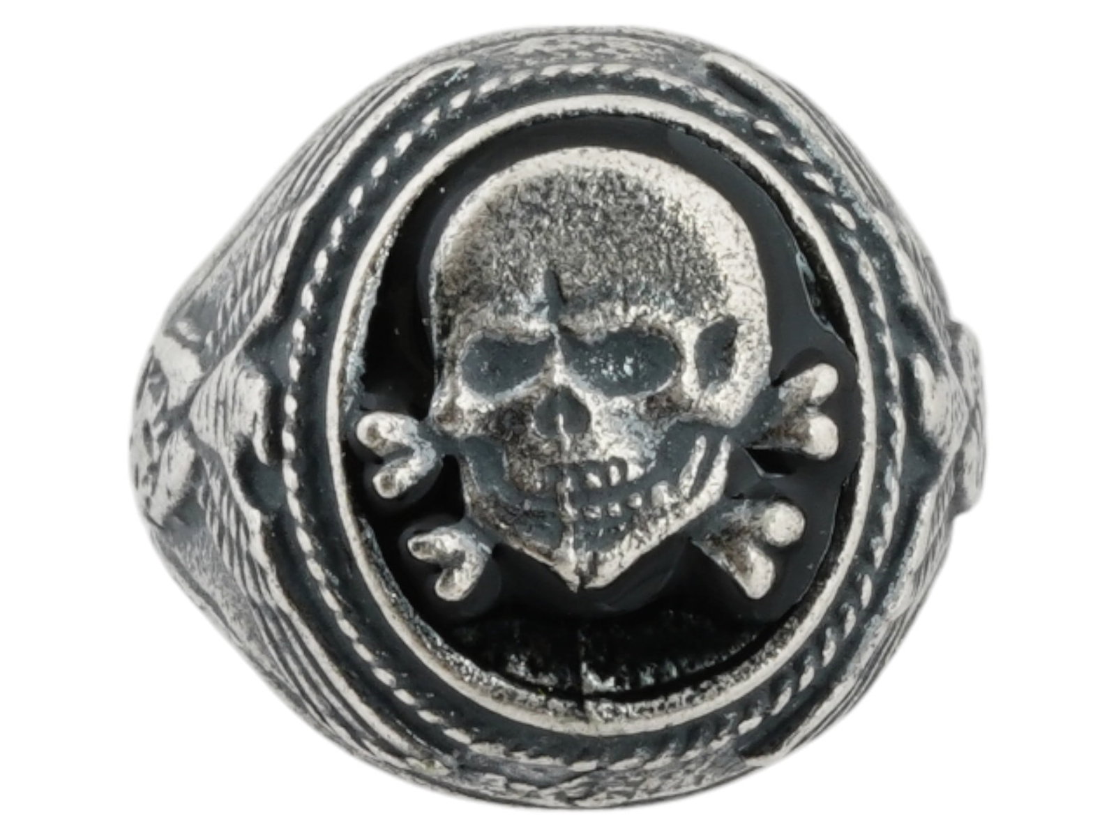 WWII MODEL NAZI GERMAN SS TOTENKOPF SIGNET RING: A World War II type German Waffen SS silver signet ring. Totenkopf on the crown is flanked with Reichsadlers. Marked SS, 800 on the backside. Total Weight: 10.1 grams. Second World War Third Reich His