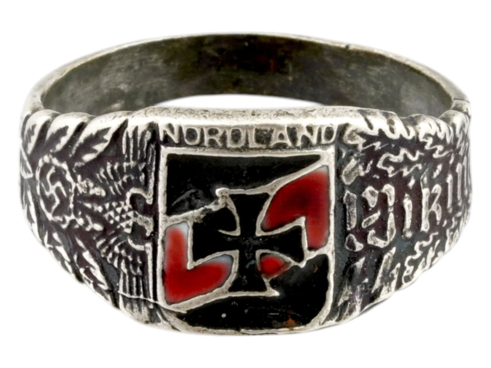 GERMAN WWII TYPE WAFFEN SS WIKING NORDLAND SILVER RING: A WWII model Nazi German Waffen SS Panzer Division Wiking Nordland Regiment Silver ring. At its center is an enamel black and red Iron Cross on the shield. Flanking the Iron Cross are two significant