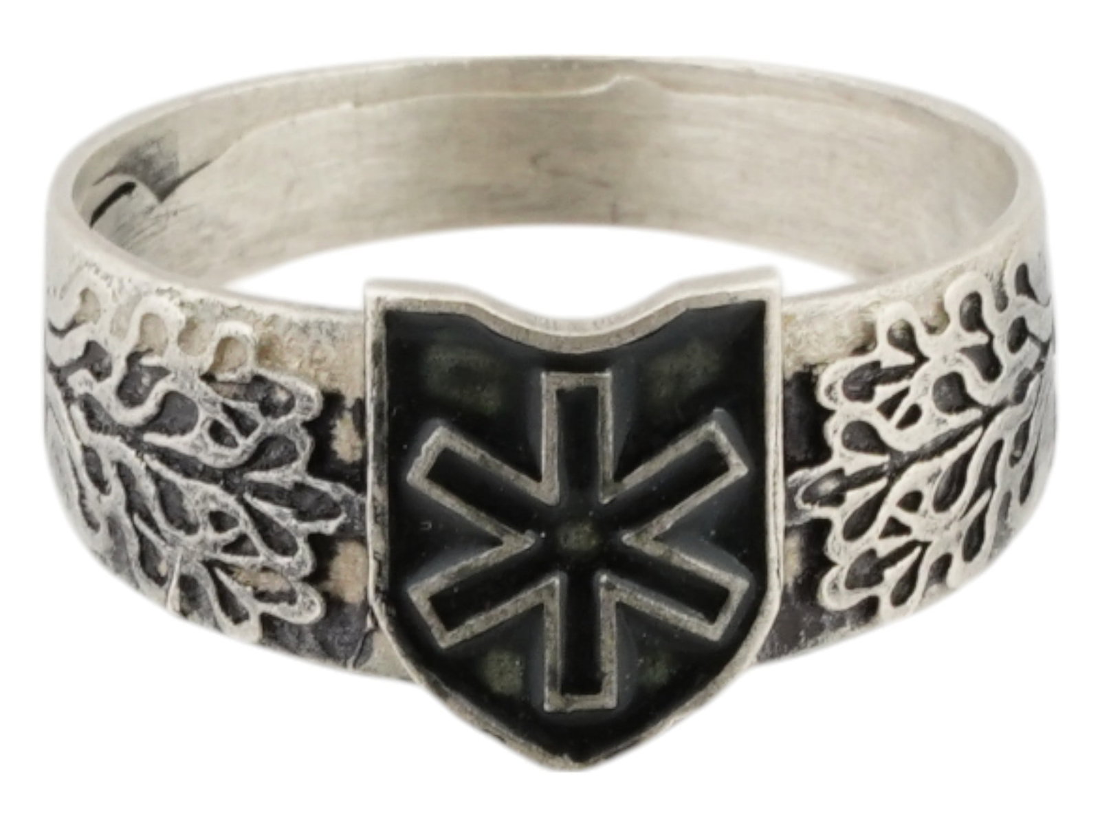 GERMAN WWII TYPE WAFFEN SS DIVISION NORD SILVER RING: A WWII Nazi German type Waffen SS Division Nord Silver ring. The ring is adorned with a shield to the center, and oak leaves on the sides, covered with enamel in a black shade. Outside of band has ins