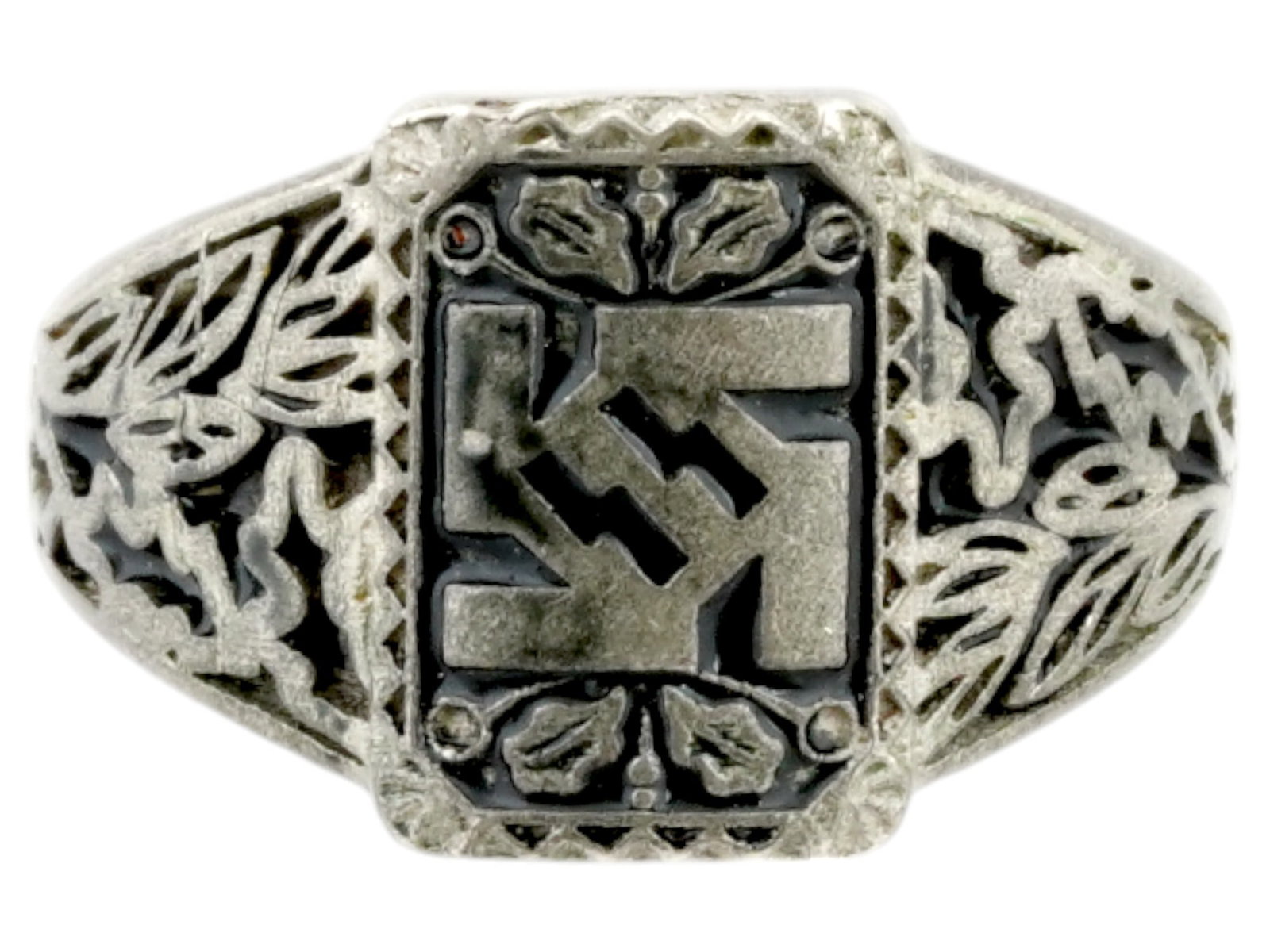 WWII MODEL NAZI GERMAN SS RUNES SIGNET RING: A World War II type German Waffen SS silver signet ring. SS runes combined with a swastika on the crown are flanked with oak leaves. Marked 800 on the side. Total Weight: 4.5 grams. Second World War T