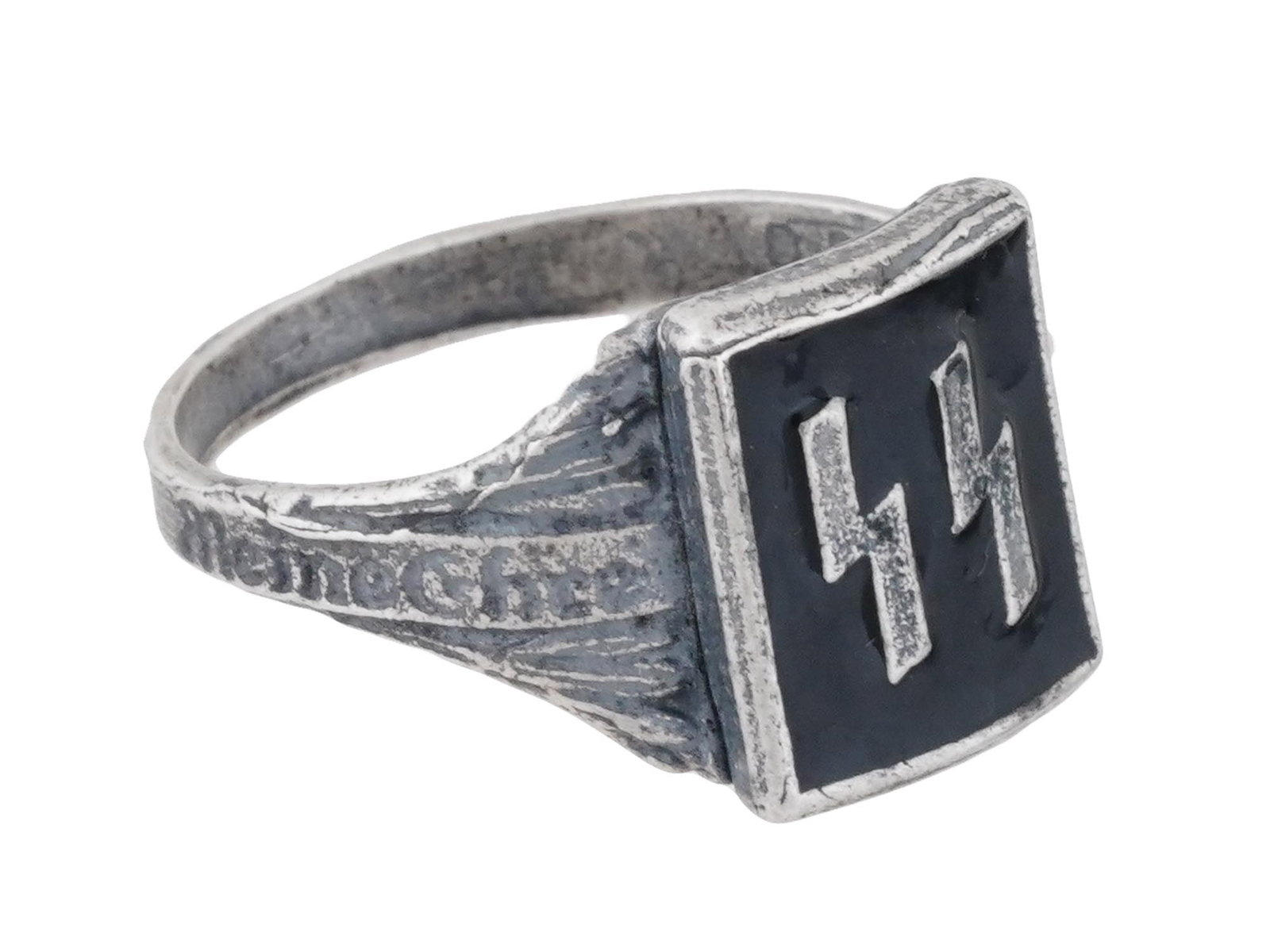 WWII MODEL NAZI GERMAN SS RUNES SIGNET RING: A World War II type German Waffen SS silver signet ring. Black enameled SS runes on the crown is flanked with the embossed motto Meine Ehre heisst Treue, My Honor is Loyalty. Marked 800 on the backsid