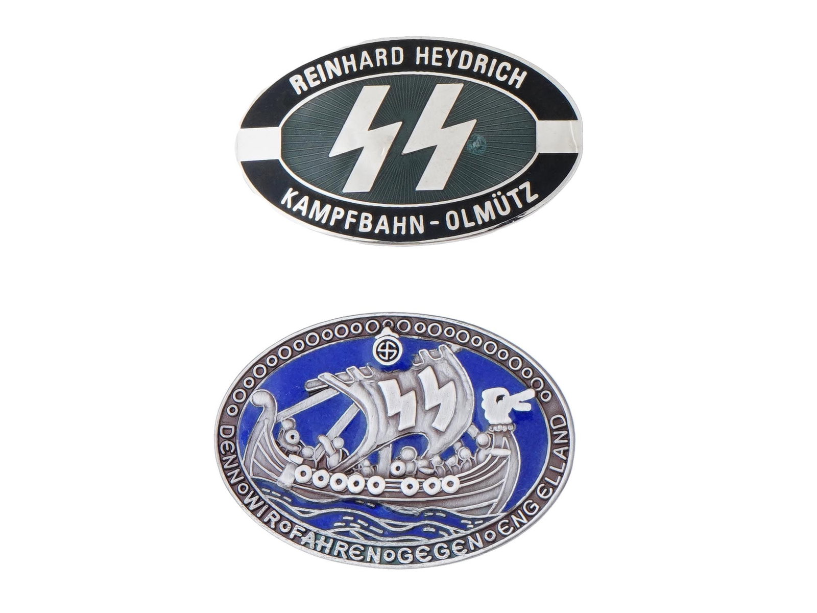 GROUP OF TWO GERMAN WWII MODEL SS BADGES: A lot of two Nazi German WWII type SS badges. The first: a rare Reinhardt Heydrich Sport Complex officials badge, associated with the sports facility named after the high-ranking Nazi official Reinhar