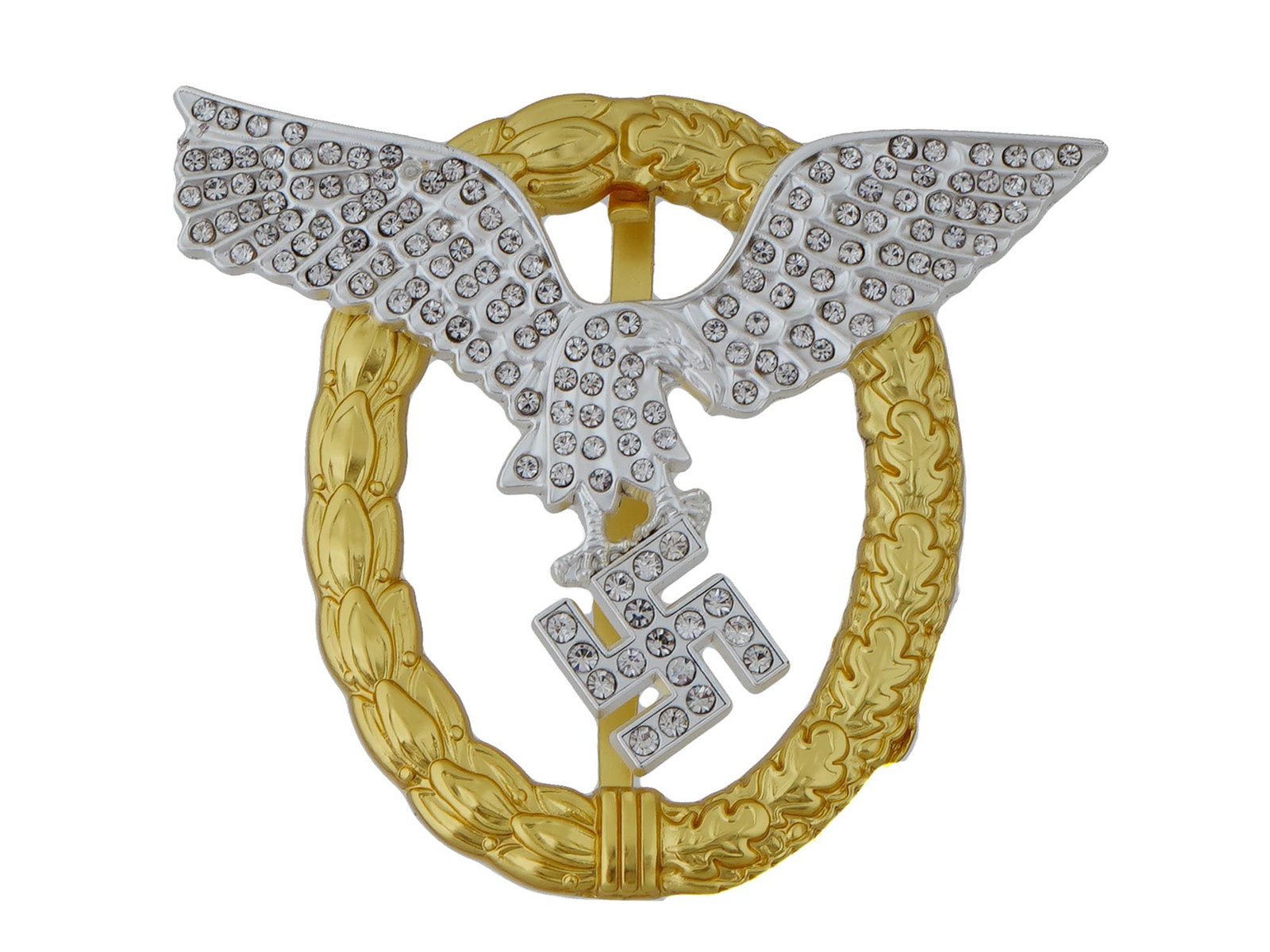 GERMAN WWII TYPE LUFTWAFFE PILOTS BADGE WITH DIAMONDS: A World War II Nazi German Third Reich type Luftwaffe Pilot Observer badge fashioned in bi metallic construction of white and yellow gold. The central emblem depicting an eagle clutching a swastika se