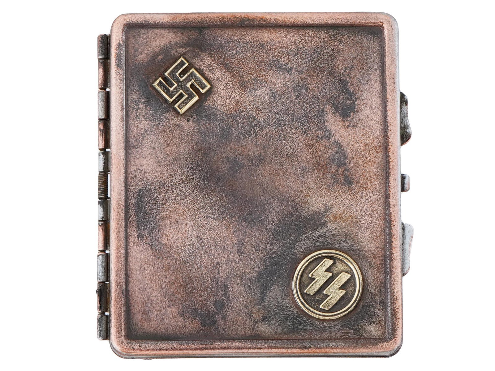 GERMAN WWII TYPE WAFFEN SS SWASTIKA CIGARETTE CASE: A World War II model Nazi German steel cigarette case with hinged lid. The surface is adorned with gilt overlays representing SS runes and a swastika insignia on the front lid. Marked with RZM, SS run