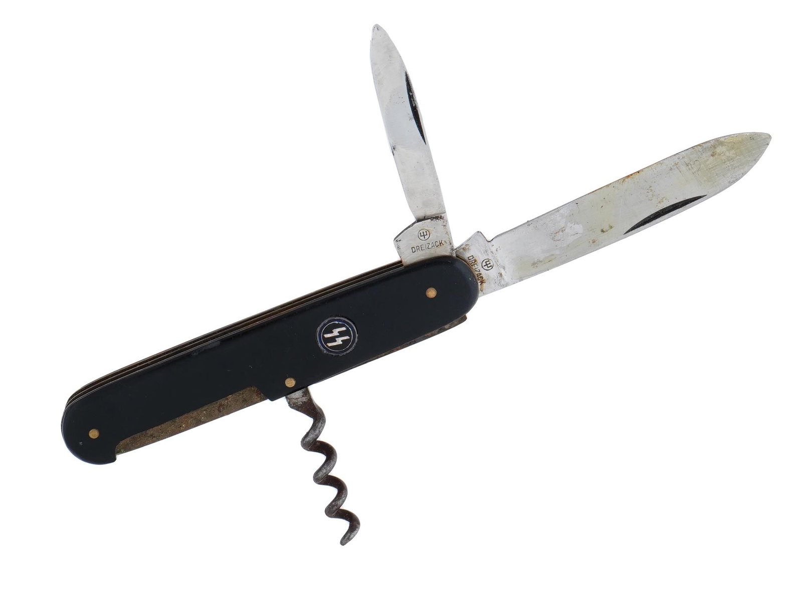 GERMAN WWII MODEL WAFFEN SS POCKET KNIFE: A WWII type Nazi German Waffen SS stainless steel pocket knife with three folding tools including two blades and a corkscrew, by Solingen. Features wooden body with SS emblem inlay on the handle. Mark