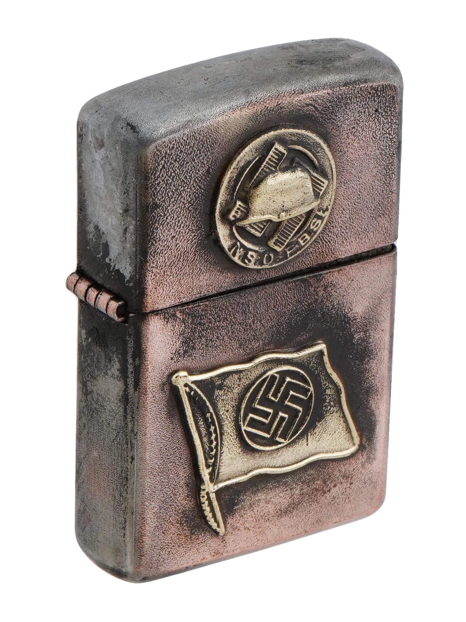GERMAN WWII TYPE NSDAP MEMBERS CIGARETTE LIGHTER: A WWII Nazi German Third Reich NSDAP type military pocket gas lighter. Stainless steel body decorated with gilt overlays, an emblem with a helmet and a swastika insignia and the flag with a swatika in