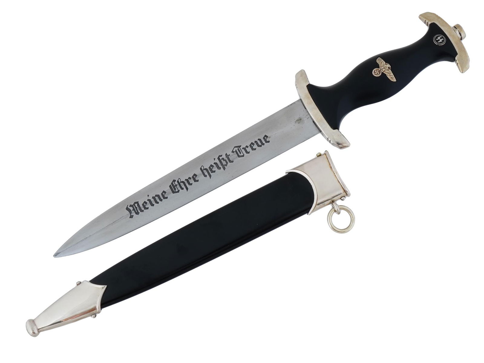 GERMAN WWII MODEL SS EM DAGGER BY BOKER SOLINGEN: A WW Nazi German model Waffen SS dagger. The blade is silver plated nickel and engraved in German: My Honor Is Loyalty. The ricasso has a makers mark reading Boker, Solingen, along with the company lo