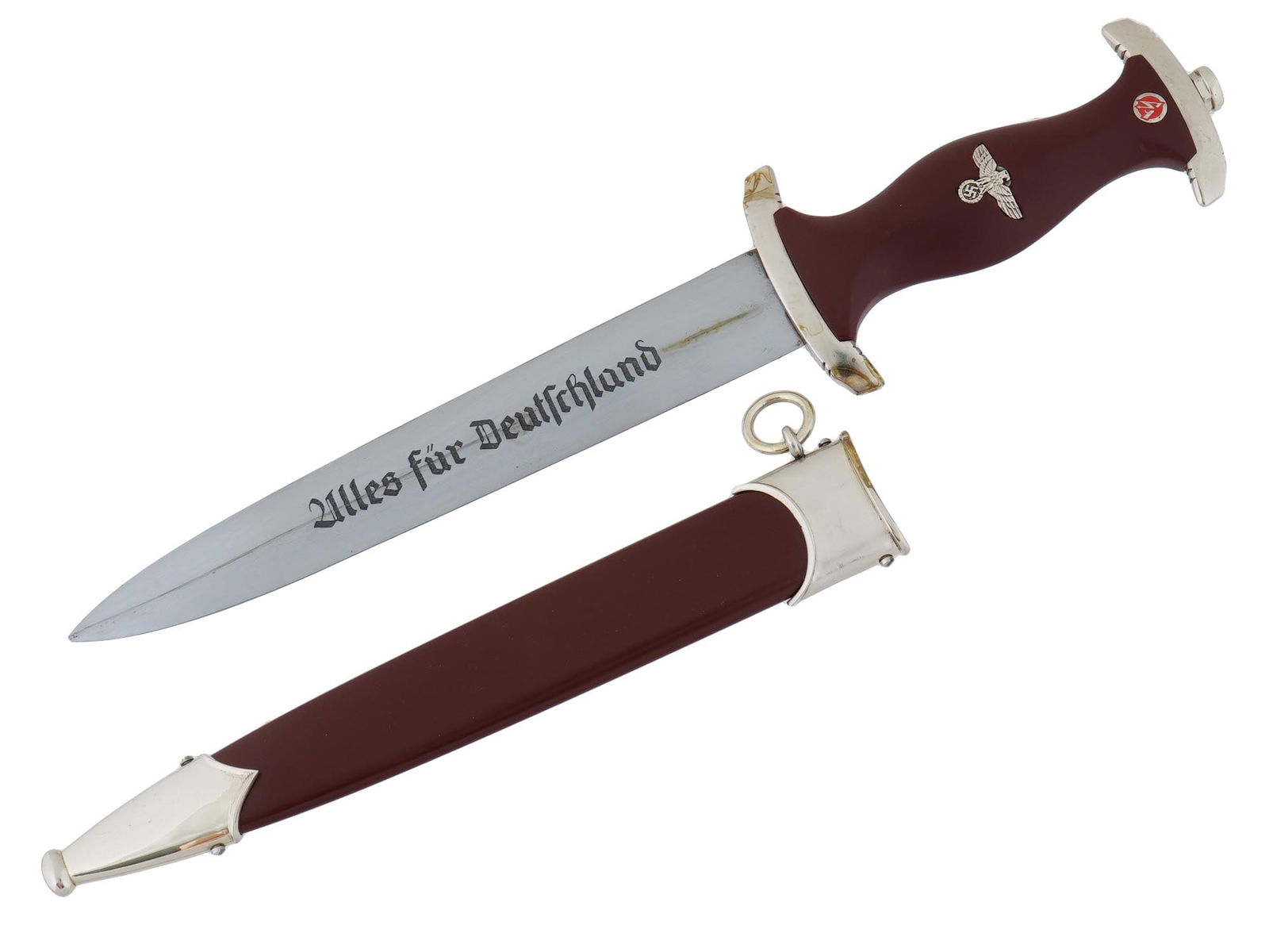 GERMAN WWII TYPE SA 1933 EM DAGGER BY BOKER SOLINGEN: A WWII type Nazi German Third Reich SA dagger. The double edged steel blade of the dagger is engraved with the motto in German, Alles Fur Deutschland, Everything for Germany. The dagger features a fru