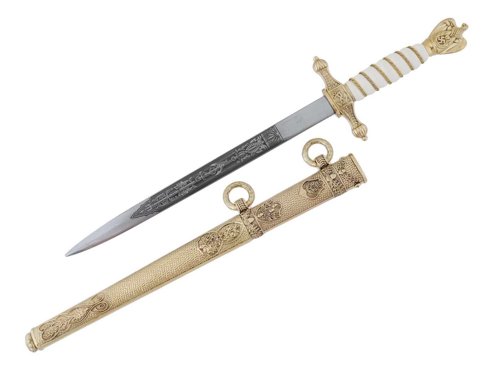 GERMAN WWII TYPE KRIEGSMARINE ADMIRALS DAGGER W SCABBARD: A WWII type Nazi German Third Reich Kriegsmarine Admirals dagger. The grip is covered with white cellulose and decorated with a gilt brass wired bound. The figural pommel features a gilt brass eagle s