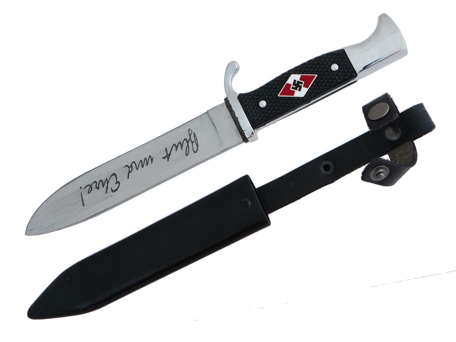GERMAN WWII TYPE HITLER YOUTH DAGGER BY SOLINGEN: A WWII Nazi German Third Reich model Hitler Jugend Youth member dagger. The nickel plated turn up quillon and pommel with two piece black checkered composition slab grip inlaid with red and white enam
