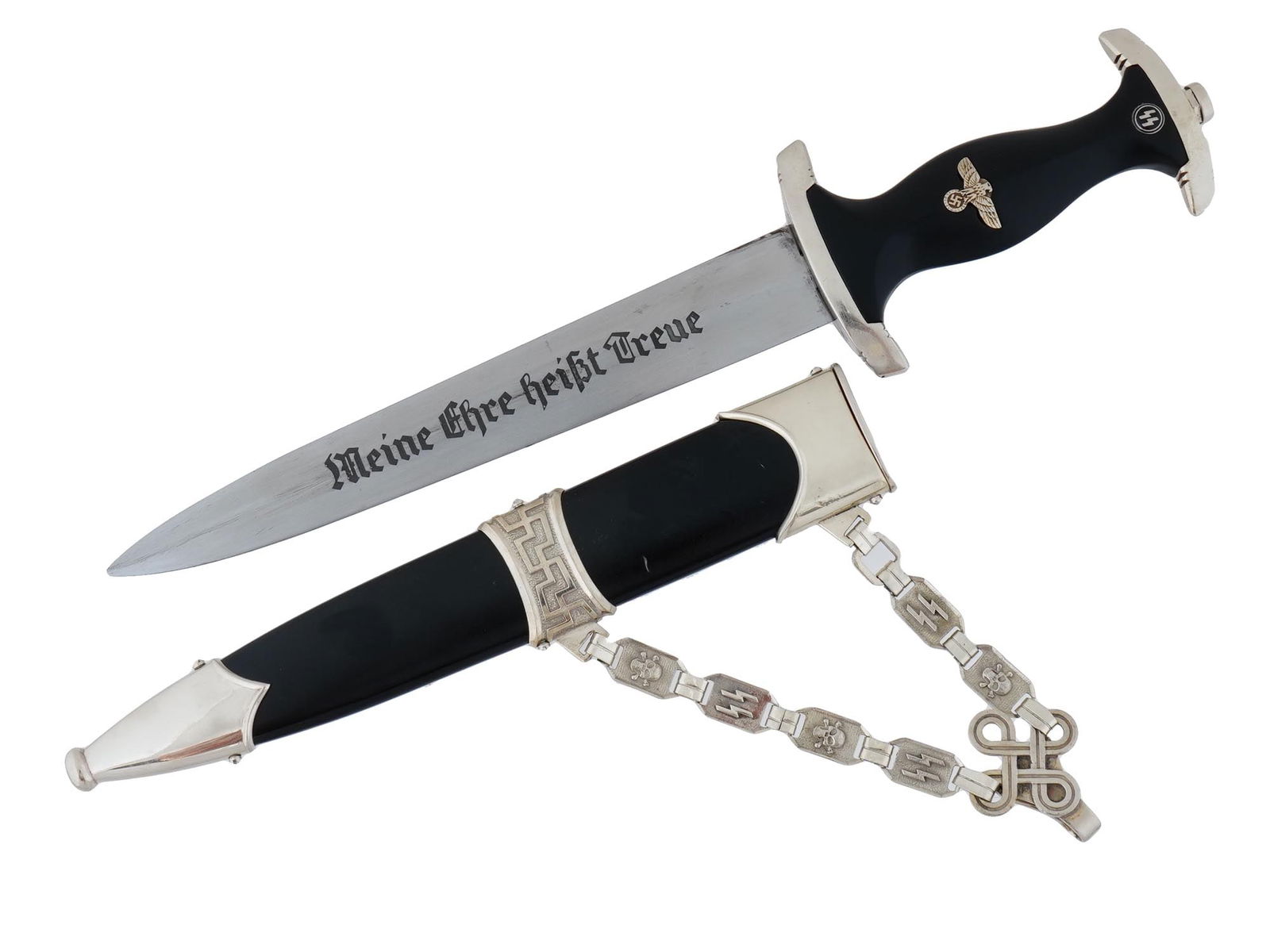 GERMAN WWII TYPE WAFFEN SS 1936 DAGGER WITH CHAIN: A WWII Nazi German Third Reich type 1936 pattern SS dagger likely produced in 1938 includes chain. The blade is engraved with the SS motto, Meine Ehre heist Treue, My Honor is My Loyalty. The obverse