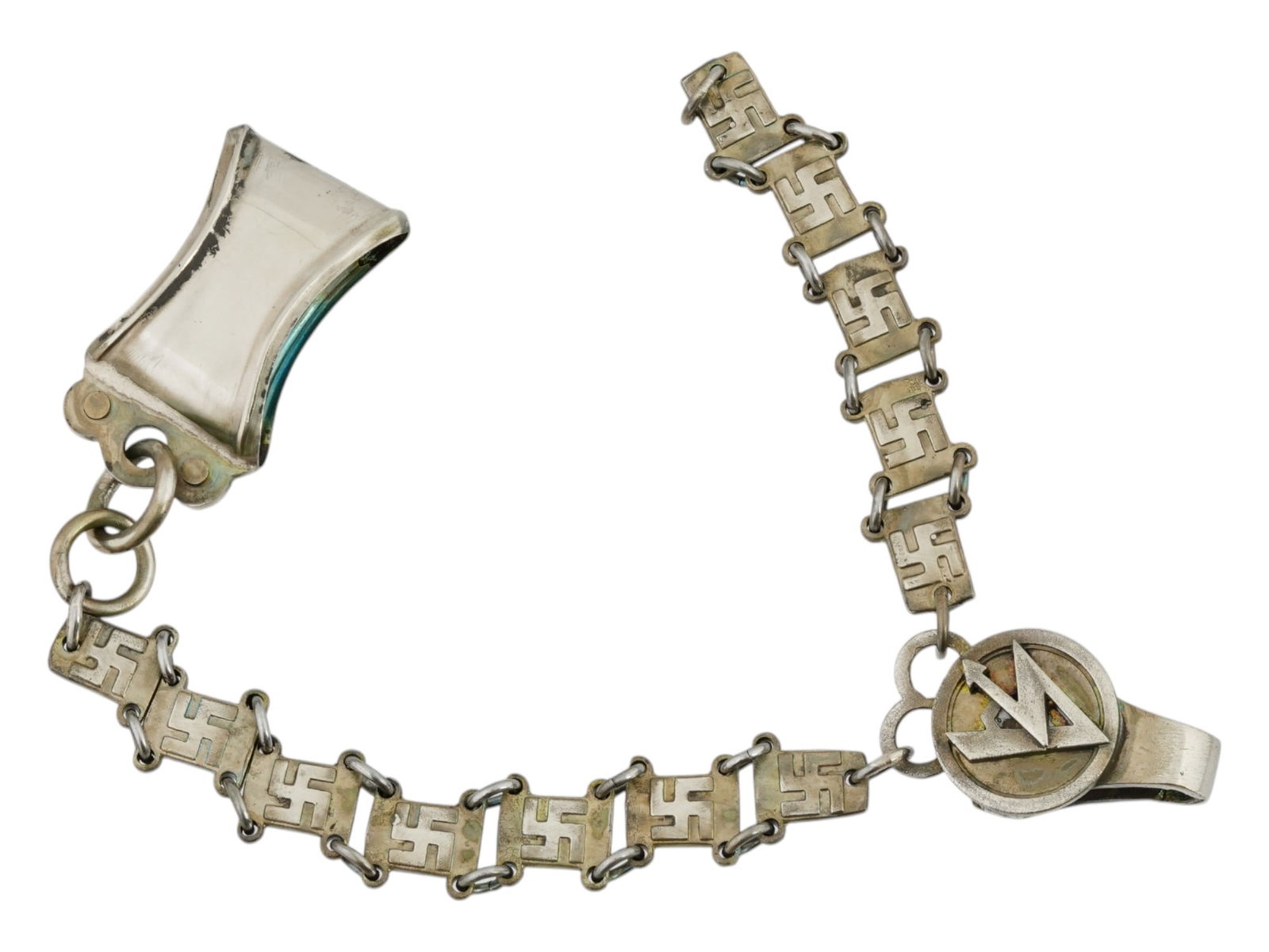 GERMAN WWII MODEL HANGERS FOR THE SA DAGGER: A WWII Nazi German Third Reich model SA dagger hanger. The hanger is made in a link design. Each link is engraved with a Swastika insignia. An engraved SA insignia on the top hanger clip. Marked, RZM