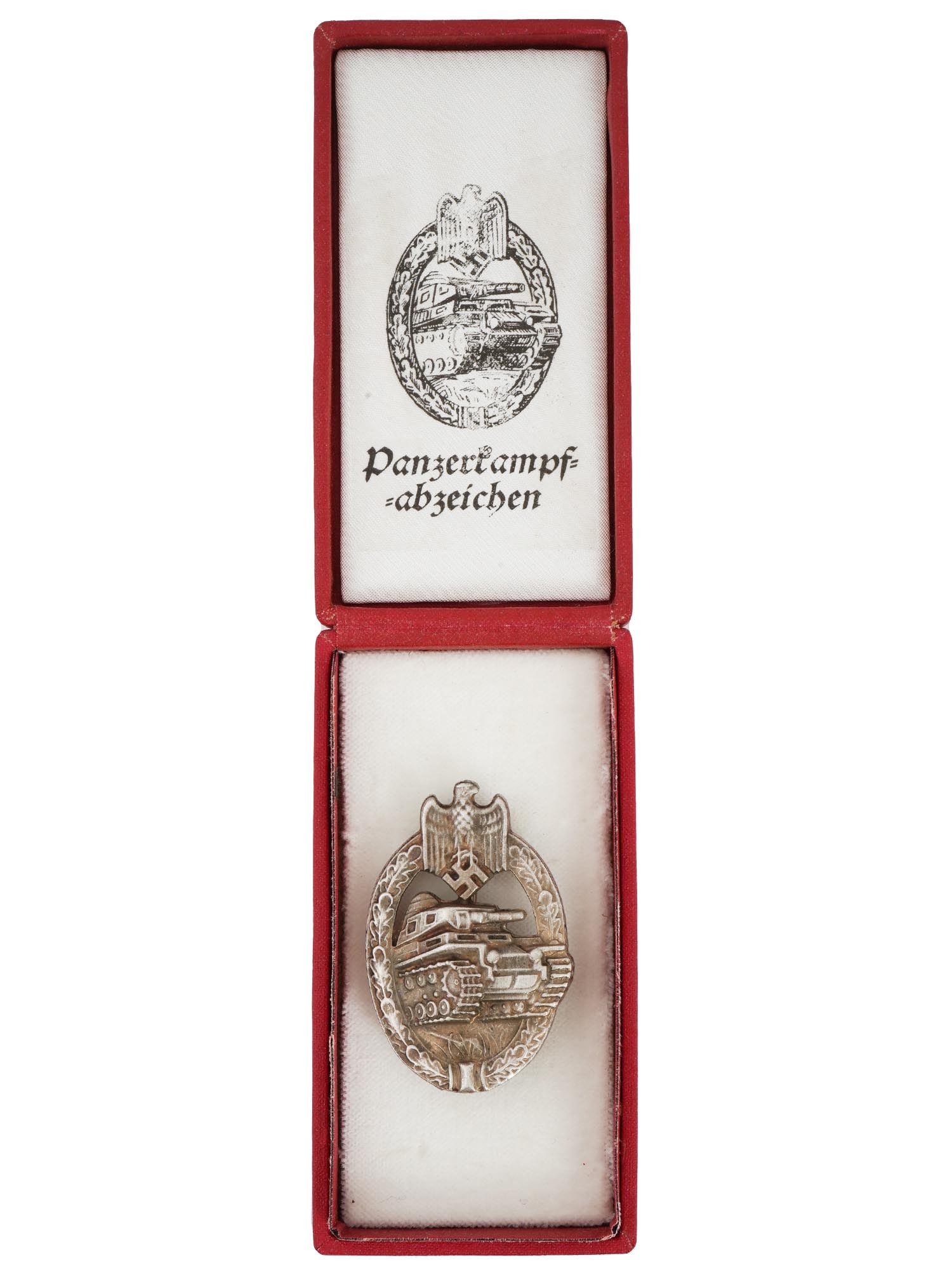 GERMAN WWII TYPE PANZER ASSAULT BADGE IN BOX: A WWII type Nazi German Panzer assault badge. The Panzer Assault Badge or Panzerkampfabzeichen was a military decoration awarded by Nazi Germany during World War II. Introduced in 1939, it was given t