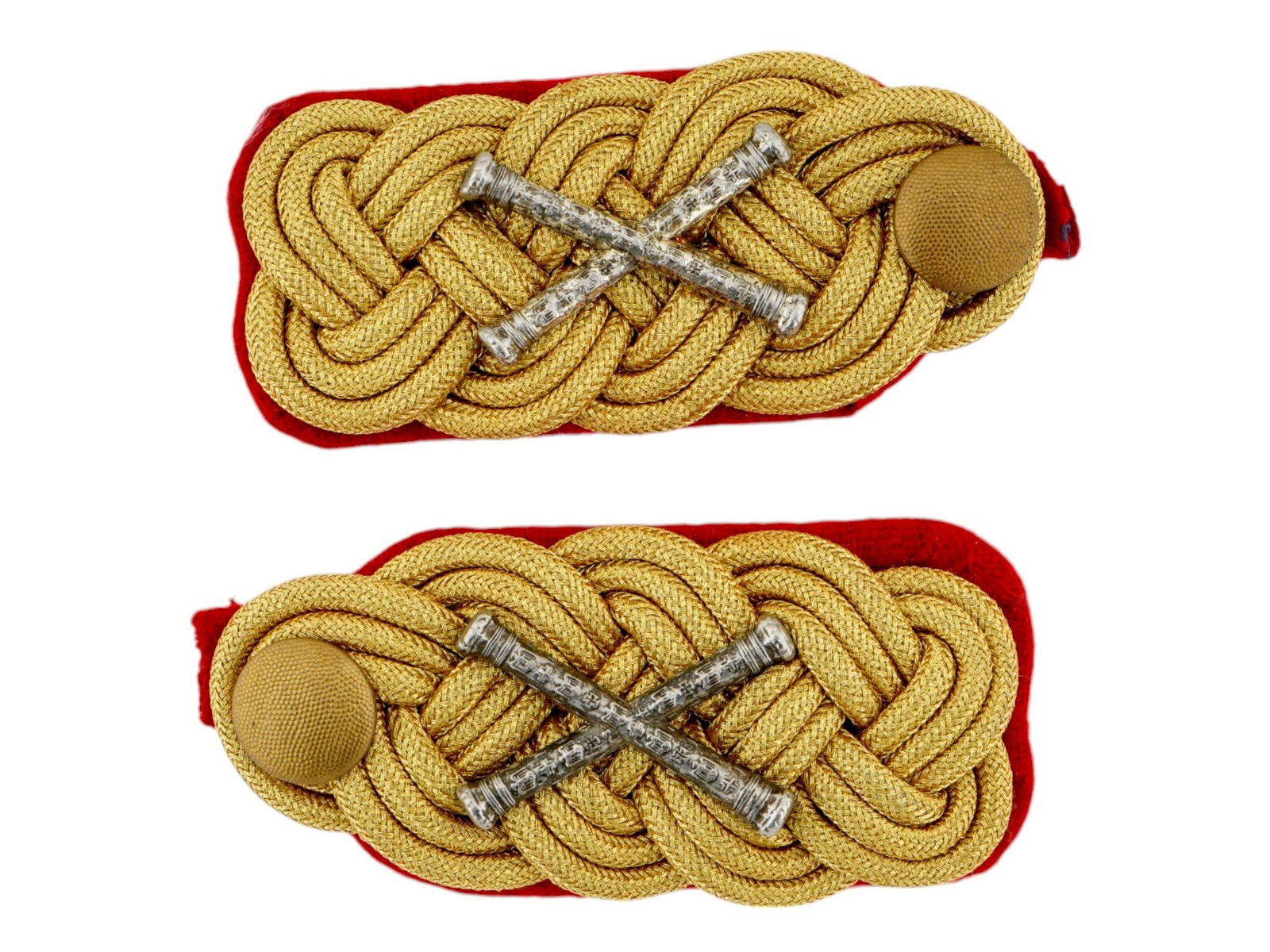 SET OF GERMAN WWII TYPE ARMY FIELD MARSHAL SHOULDER BOARDS: A set of two WWII type Nazi German Third Reich Army Field Marshal shoulder boards. The boards are adorned with golden threads, decorated with a crossed field marshals scepter, and a button. Red lining