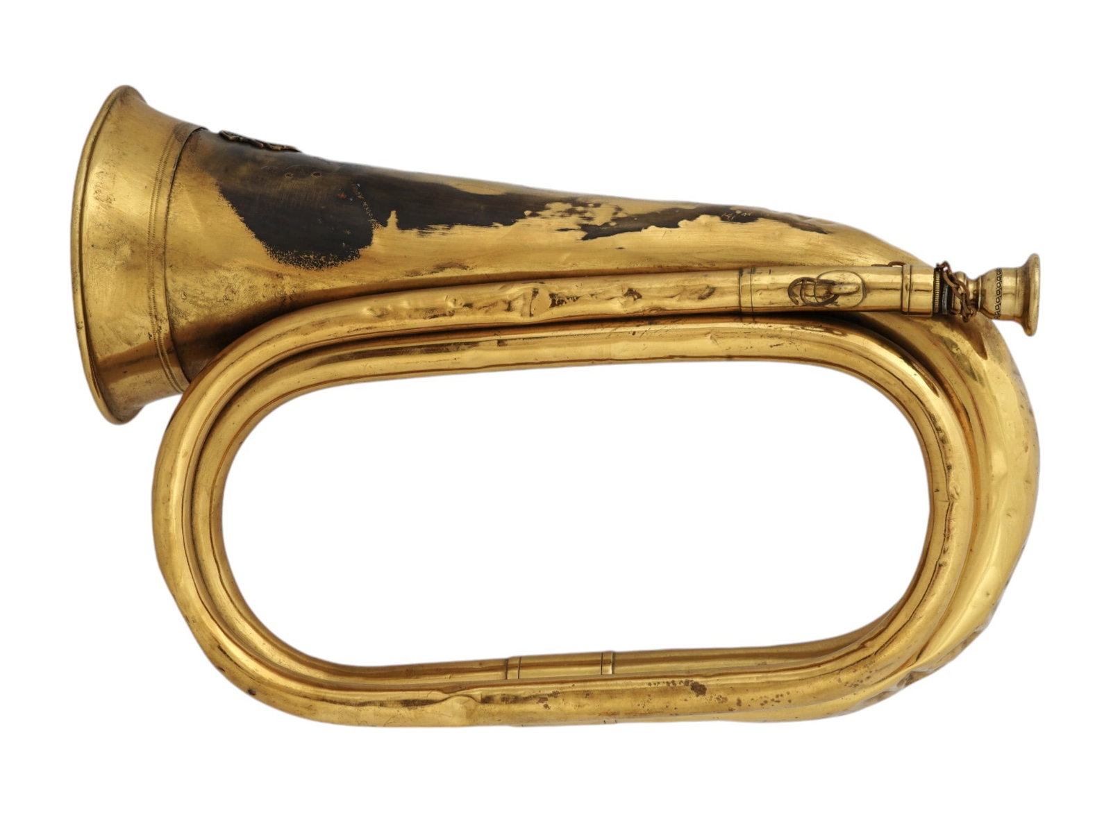 WWII NAZI GERMAN HUNTING SOCIETY SIGNAL BUGLE: A WWII Nazi German hunting bugle featuring a classic signaling brass instrument with a wide conical bore. No valves or pitch-altering devices, Bears the mark of the German Hunting Society, the officia