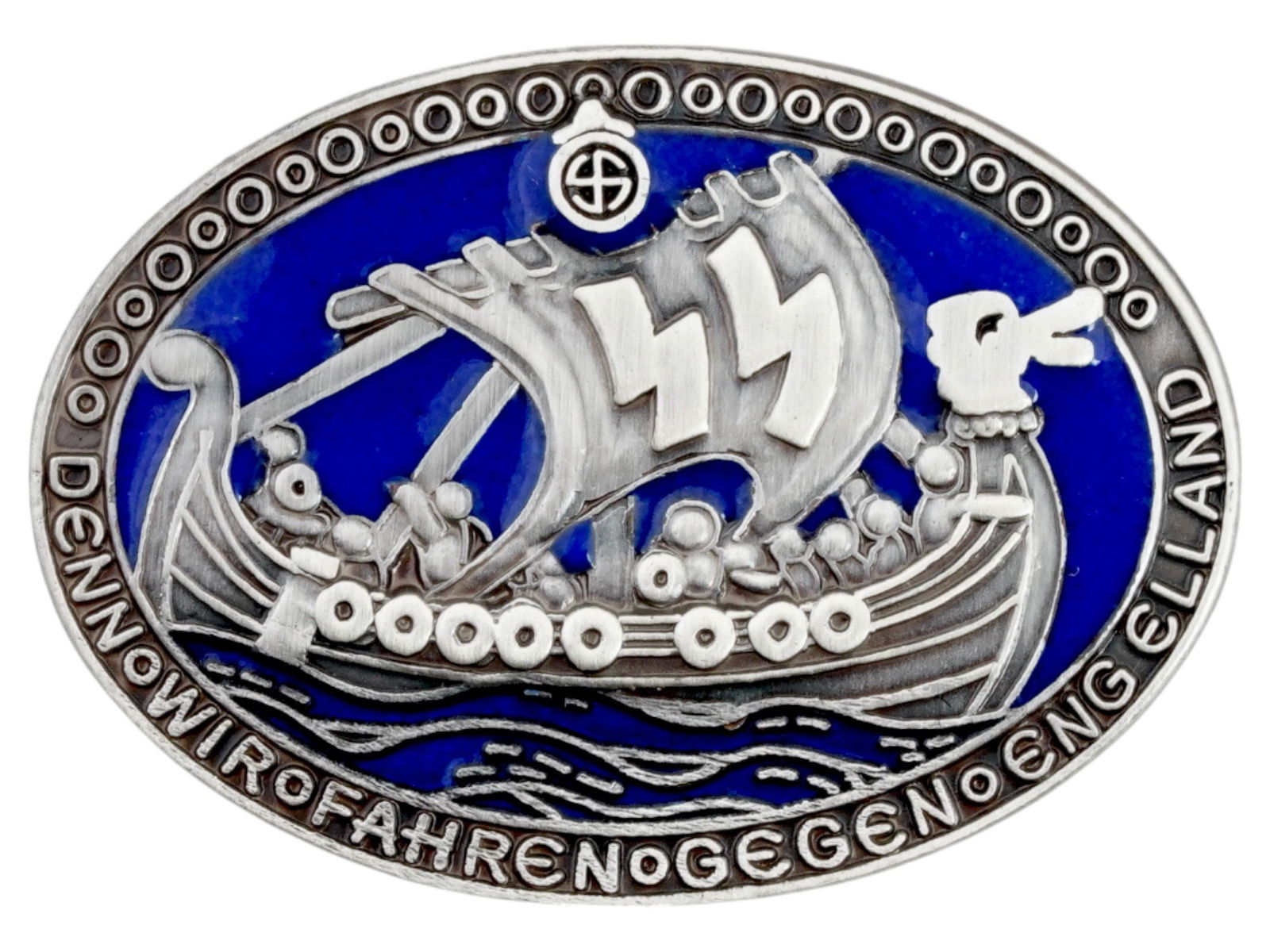 GERMAN WWII TYPE WAFFEN SS DIVISION WIKING BADGE: A WWII Nazi German Third Reich period type Waffen SS Division Wiking enamel badge. The badge depicts a Viking ship with large SS runes on its sail over the legend in German: Then We Sail against Engla