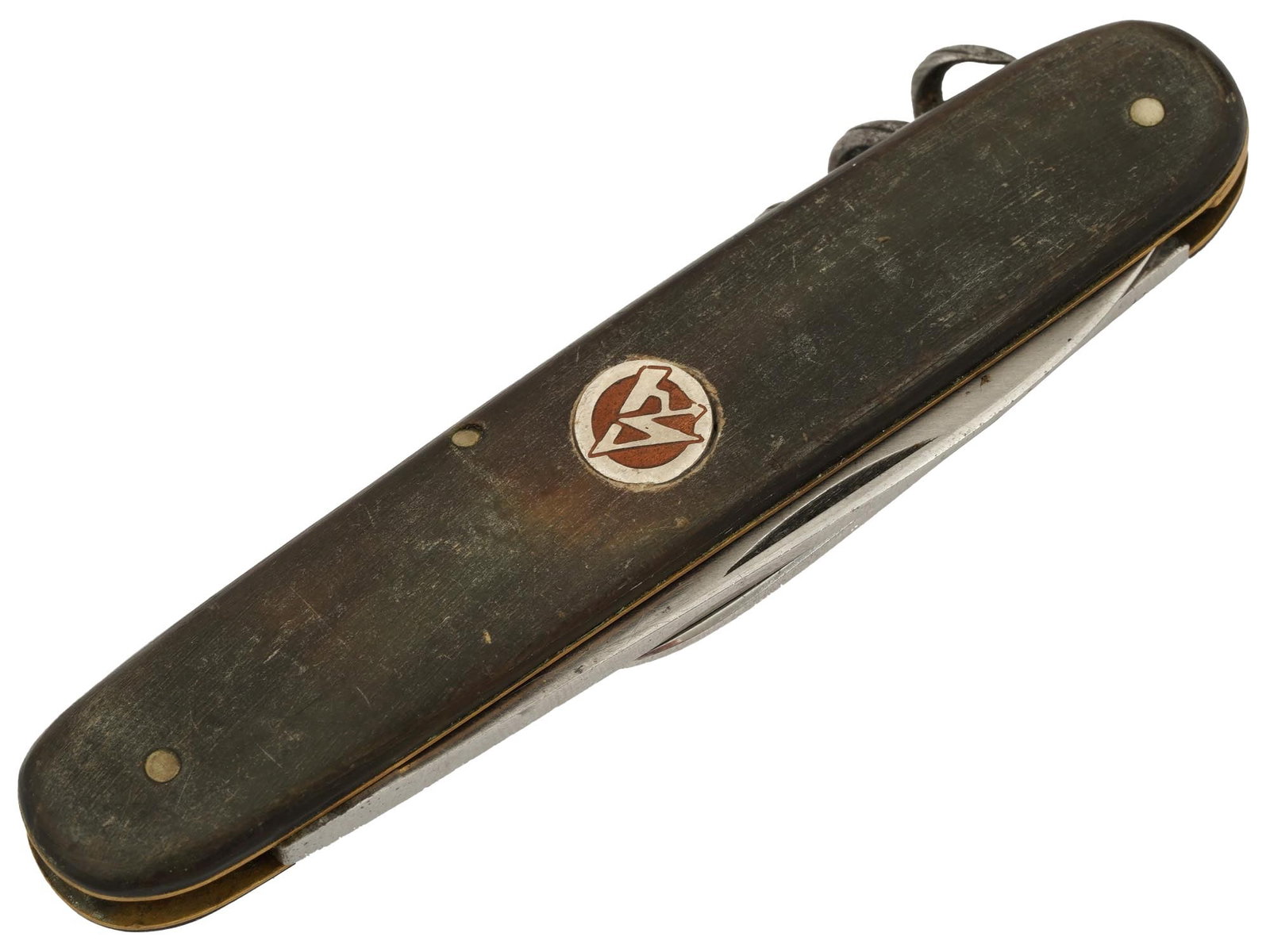 GERMAN WWII MODEL SA POCKET KNIFE: A WWII type Nazi German SA stainless steel pocket knife with three folding tools including two blades and a corkscrew. Features a wooden body with an enamelled SA emblem inlay on the handle. Marked, R