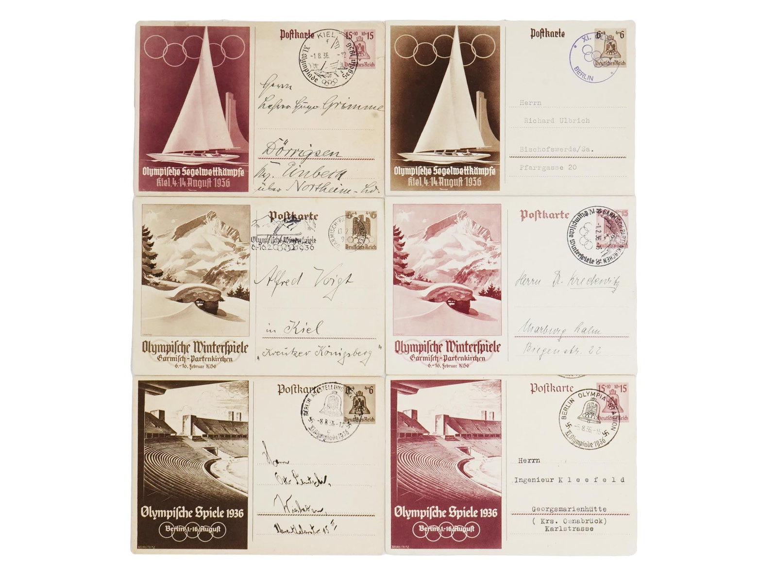 GROUP OF SIX POSTAL ITEMS 1936 BERLIN OLYMPIC GAMES: A group of six pre WWII postal cards passed through the mail during the 1936 Berlin Olympic Games. Each card is adorned with a printed image. All cards are inscribed on both sides, stamped, and marked