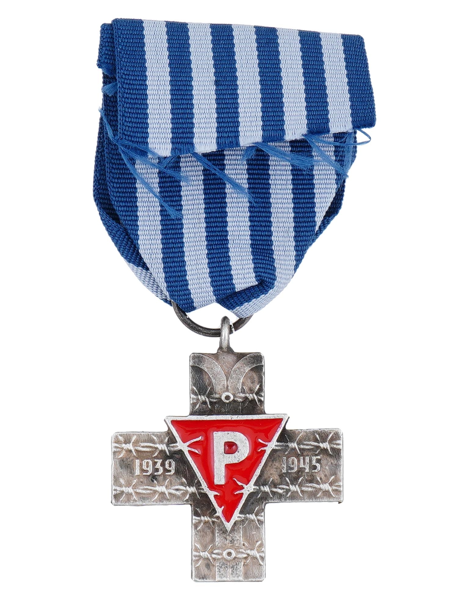 POST WWII TYPE POLISH AUSCHWITZ CROSS AWARD MEDAL: A post WWII type Polish Auschwitz Cross medal awarded to honor survivors of Nazi German concentration camps. Features a silver Greek cross on a blue and white striped ribbon. The obverse shows barbed 