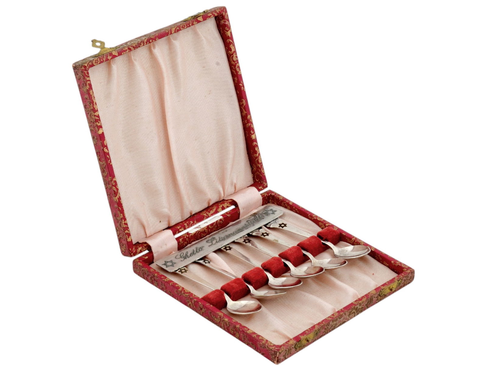 POLISH JUDAICA NICKEL SILVER TEA SPOON SET IOB: An early to mid-20th century Polish nickel silver tea spoons set. A total of 6 items. Etched Magen David on the tips. Each spoon is marked NS on the handle. The set comes in original box with a Ghetto