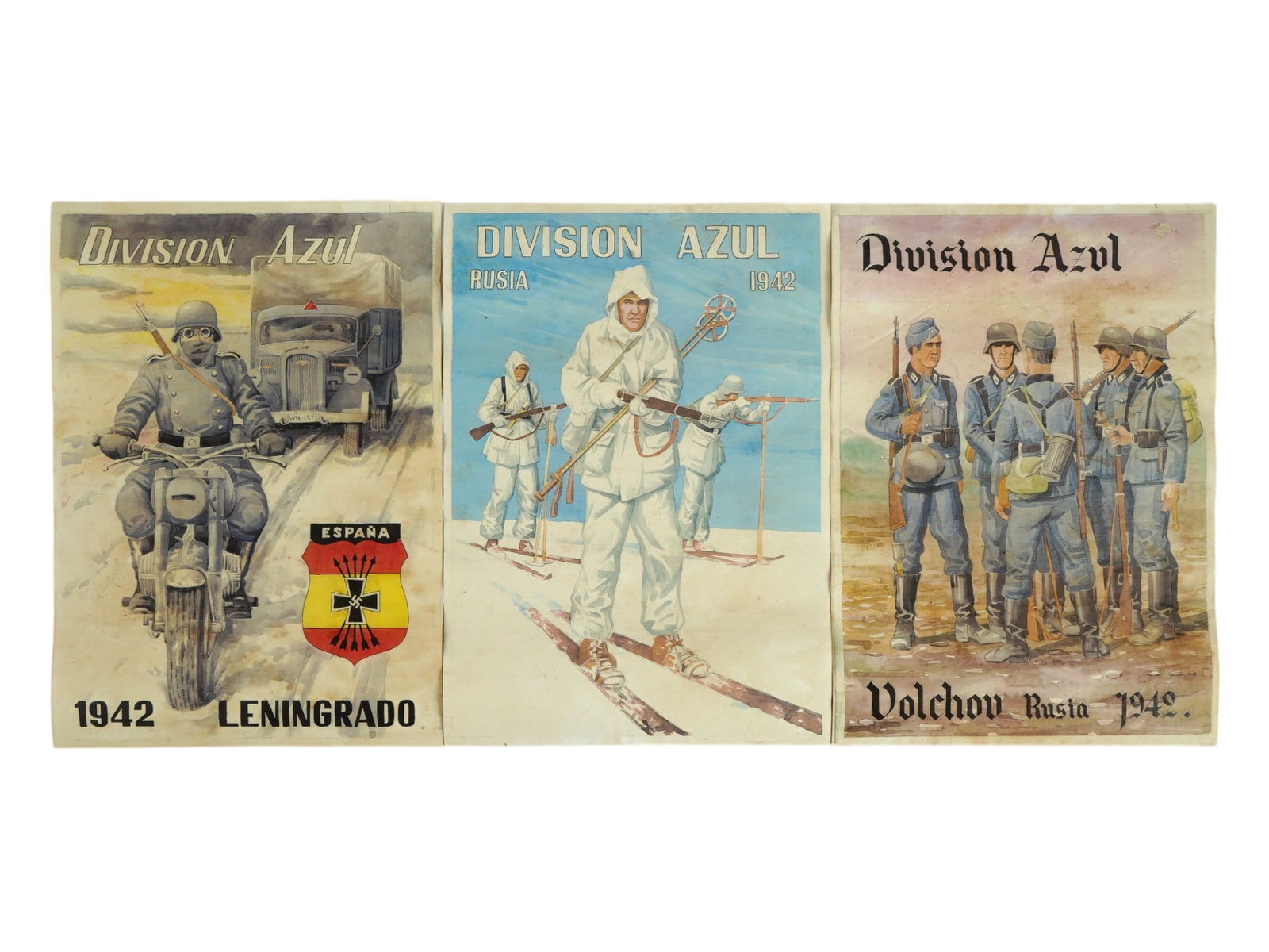 WWII SPANISH BLUE DIVISION POSTERS FOR RUSSIAN CAMPAIGN: A group of three Spanish Blue Division posters, commemorating the unit of volunteers from Francoist Spain who served within the German Army on the Eastern Front during World War II from 1941 to 1943.
