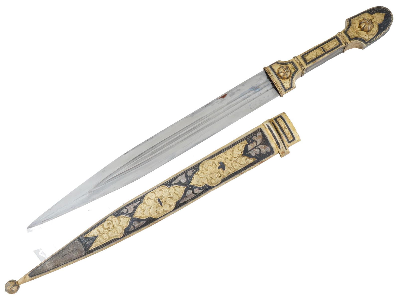 20TH C KUBACHI NIELLO SILVER KINJAL DAGGER W SCABBARD (1 of 4)
