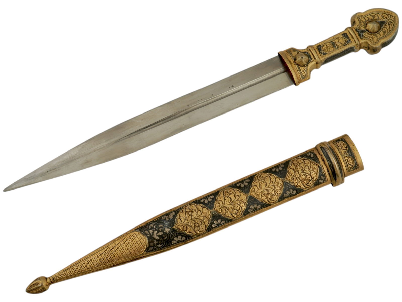 20TH C KUBACHI NIELLO SILVER KINJAL DAGGER W SCABBARD (1 of 4)