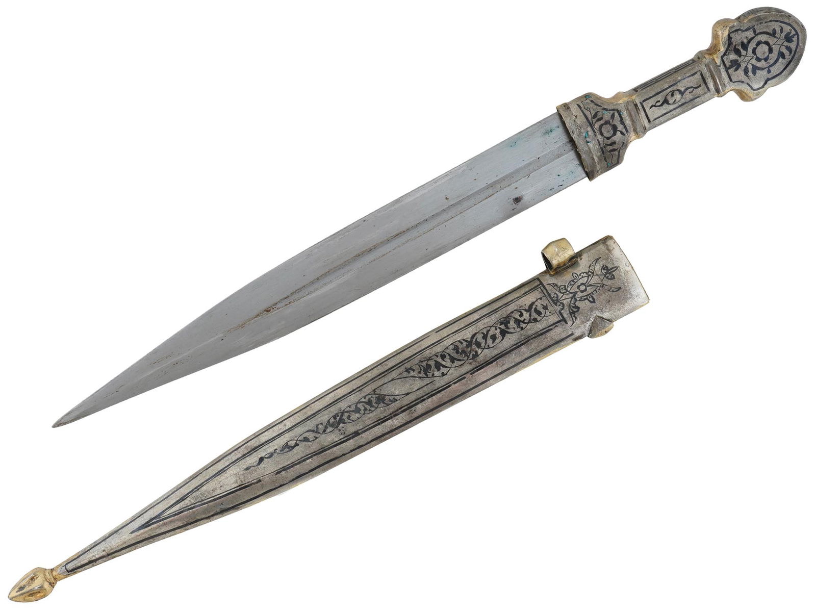 20TH C KUBACHI NIELLO SILVER KINJAL DAGGER W SCABBARD (1 of 3)