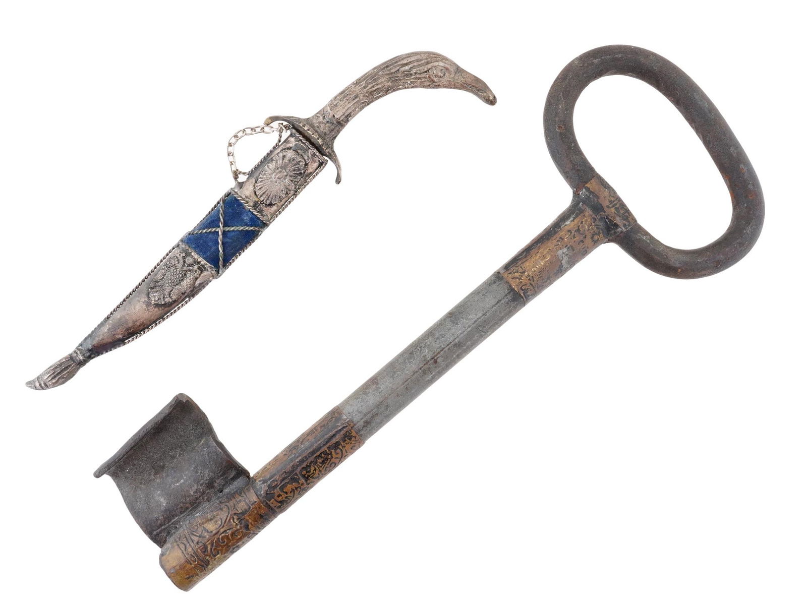 ANTIQUE BRONZE BARN KEY AND KNIFE WITH SCABBARDS (1 of 6)