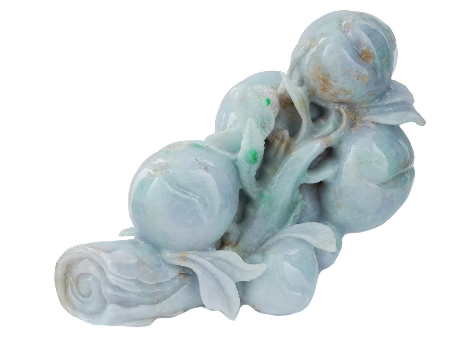 CHINESE HAND CARVED LAVENDER JADE FIGURE OF FLOWERS: A vintage Chinese hand carved Lavender Jade stone figure. The figure represents a branch with bud flowers. The figure is adorned with engraved detailed patterns and pierced through elements. Unmarked.