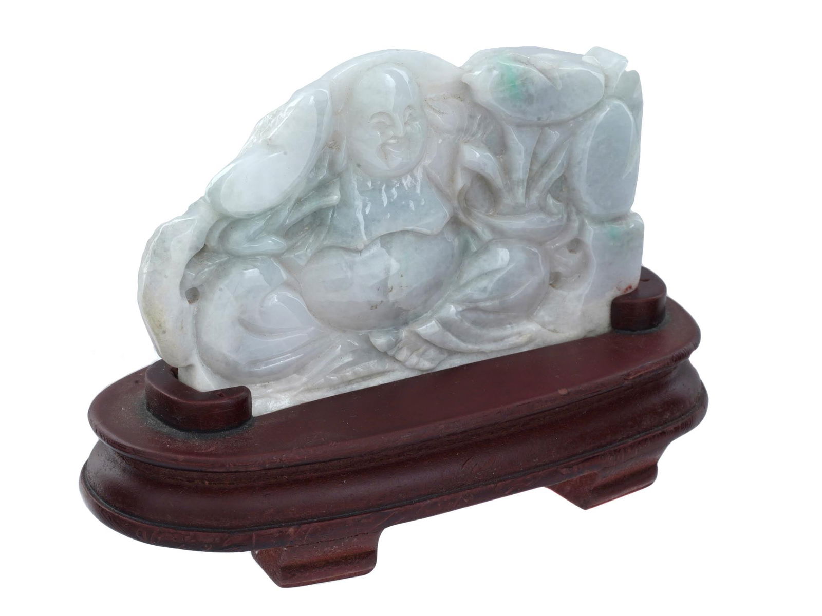 CHINESE HAND CARVED JADE FIGURE OF HOTEI W STAND (1 of 9)