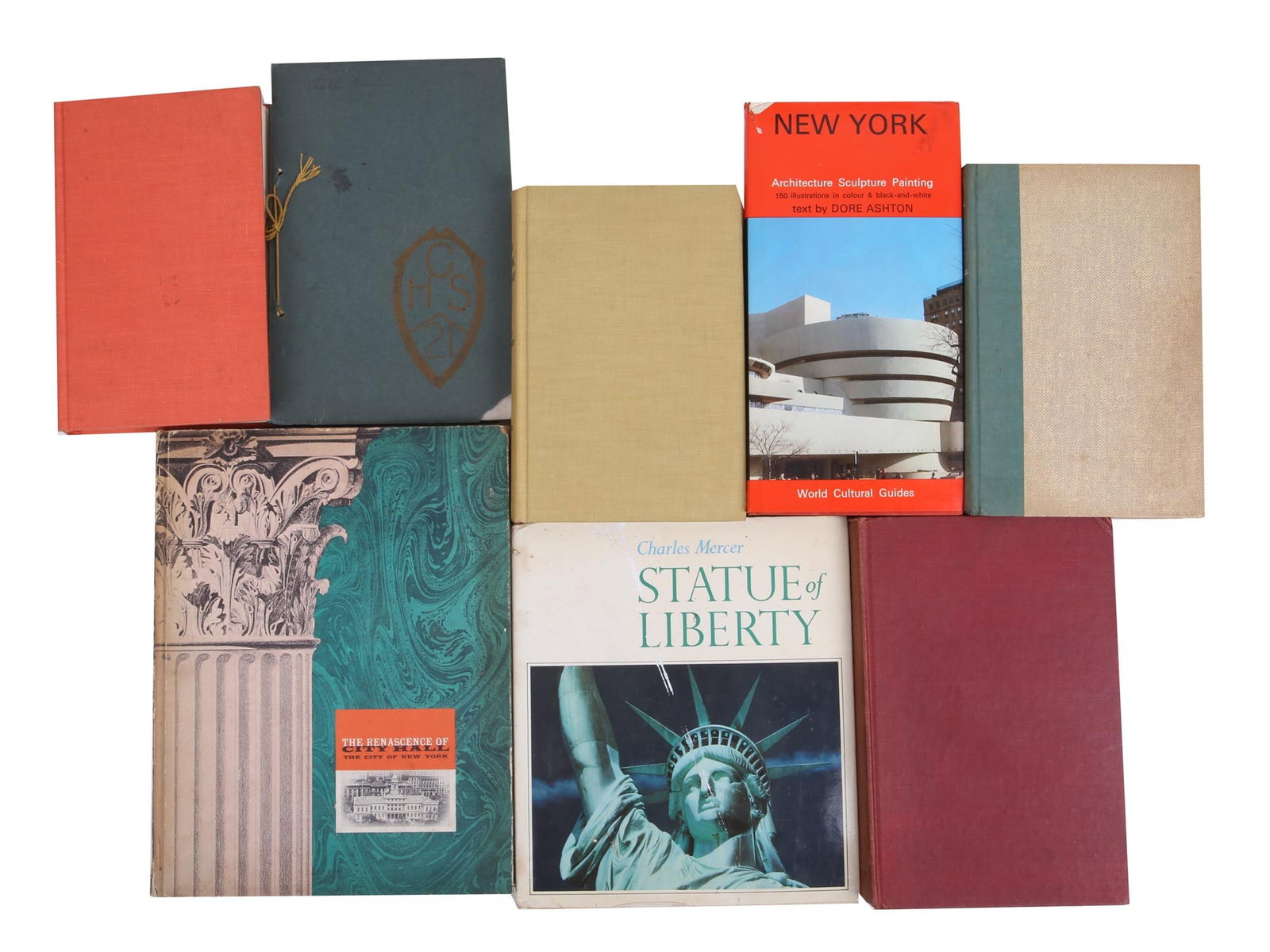VINTAGE NEW YORK BOOK EDITION COLLECTION: A collection of antiquarian book editions. Statue of Liberty by Charles Mercer, published by Putnams Sons, New York, 1979. Commemorating The Semicentennial of Pace College published in 1956. New York 