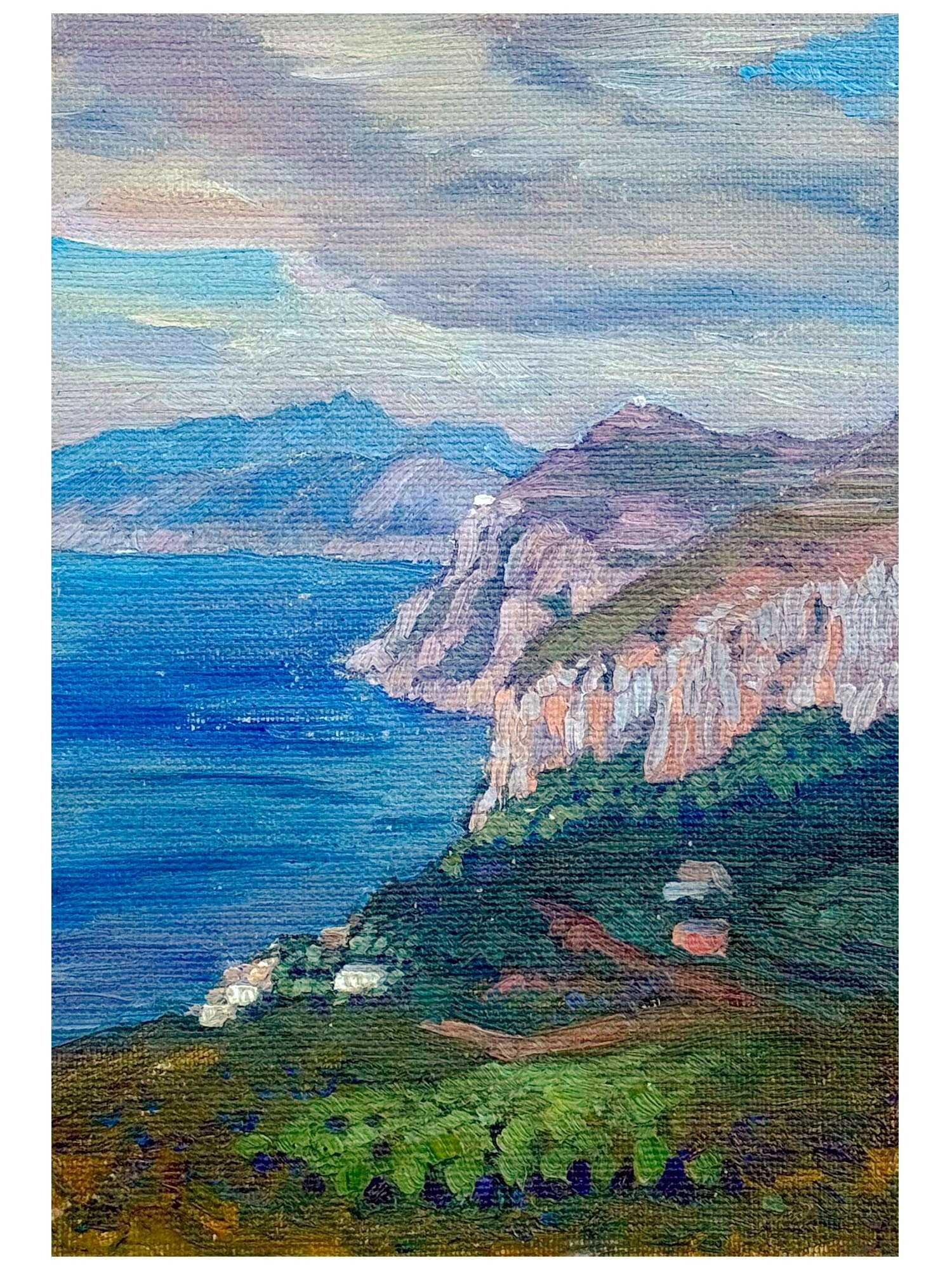 LUDWIG HEINRICH JUNGNICKEL GERMAN OIL PAINTING: Ludwig Heinrich Jungnickel, German, Austrian, 1881 to 1965, an oil on canvas laid on cardboard painting depicting a coastal landscape. Unframed. Ludwig Heinrich Jungnickel was born in 1881 in Wundsied