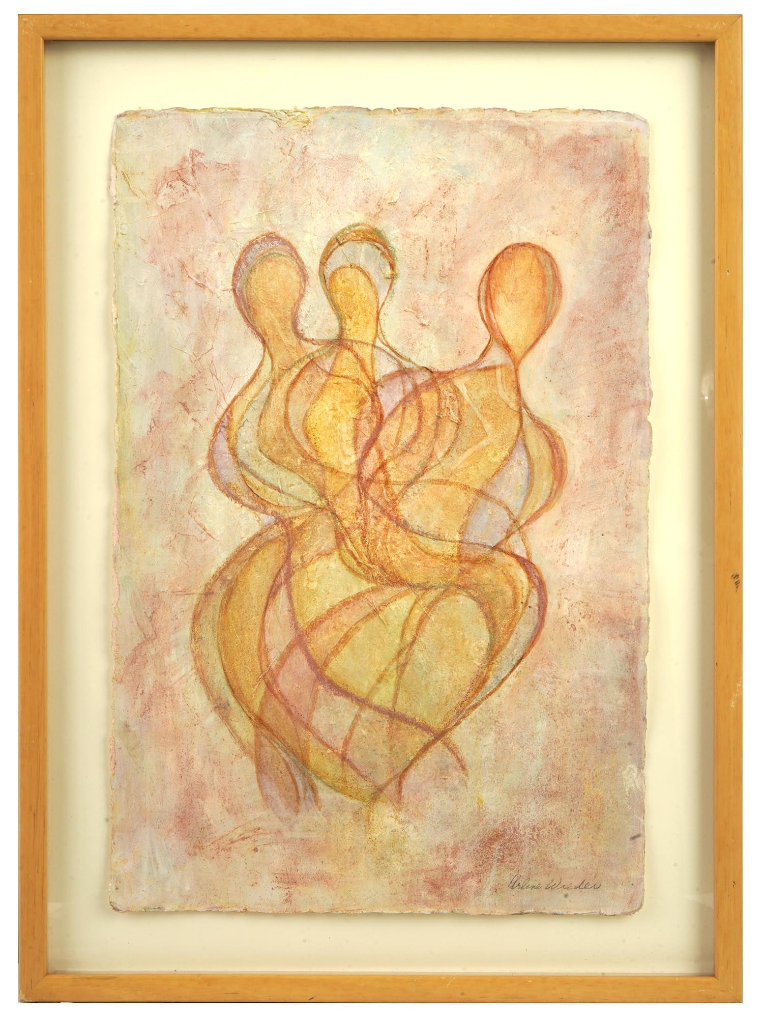 AMERICAN MIXED MEDIA PAINTING BY ARLINE WIEDER: Arline Wieder, a 20th century American artist, mixed media painting on paper depicting a Figurative composition. Signed lower right. Framed. Additionally inscribed and a paper label, on the backside. 