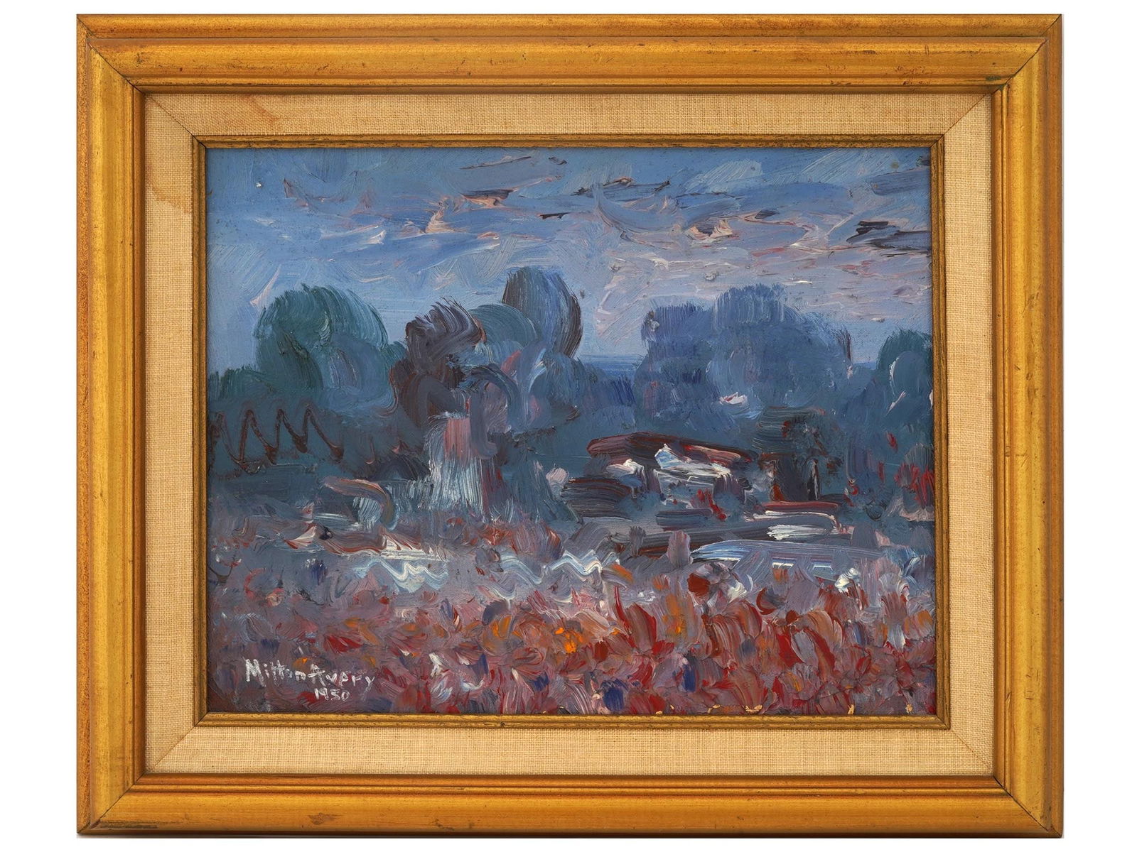 AMERICAN LANDSCAPE OIL PAINTING BY MILTON AVERY: Milton Clark Avery, American, 1885 to 1965, oil painting on canvas mounted on board depicting an abstract landscape, 1950. Signed and dated, lower left. Framed. Milton Avery is known for Abstract sea