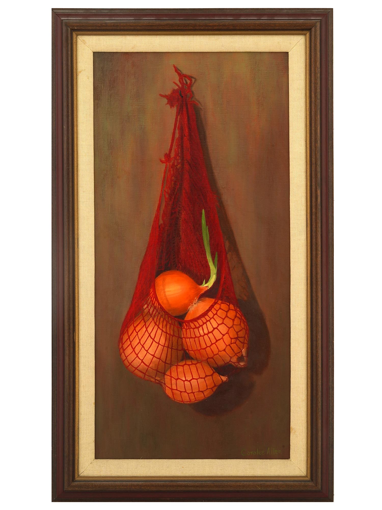 AMERICAN STILL LIFE OIL PAINTING BY CAROLEE ALLEN: Oil on canvas painting by Carolee Allen, a 20th-century American artist based in Rochelle Park, NJ. The artwork depicts a string bag with onions. Signed by the artist in the lower right. Titled Onions