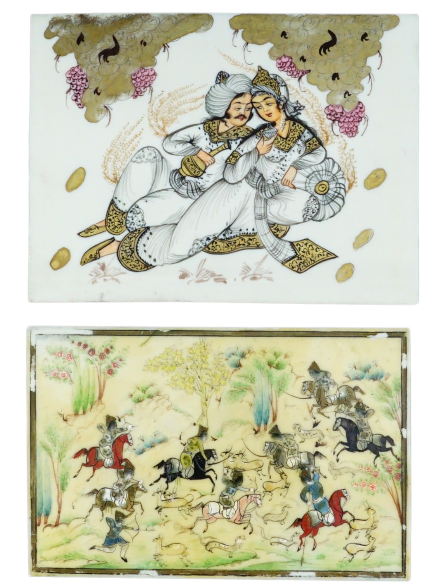 PERSIAN MINIATURE PAINTINGS WITH GENRE SCENES: A pair of Iranian Persian miniature paintings with genre scenes. Circa mid to late 20th century. The paintings depict hunting and love scenes in bold colors with fine details. Antique Miniature Persia