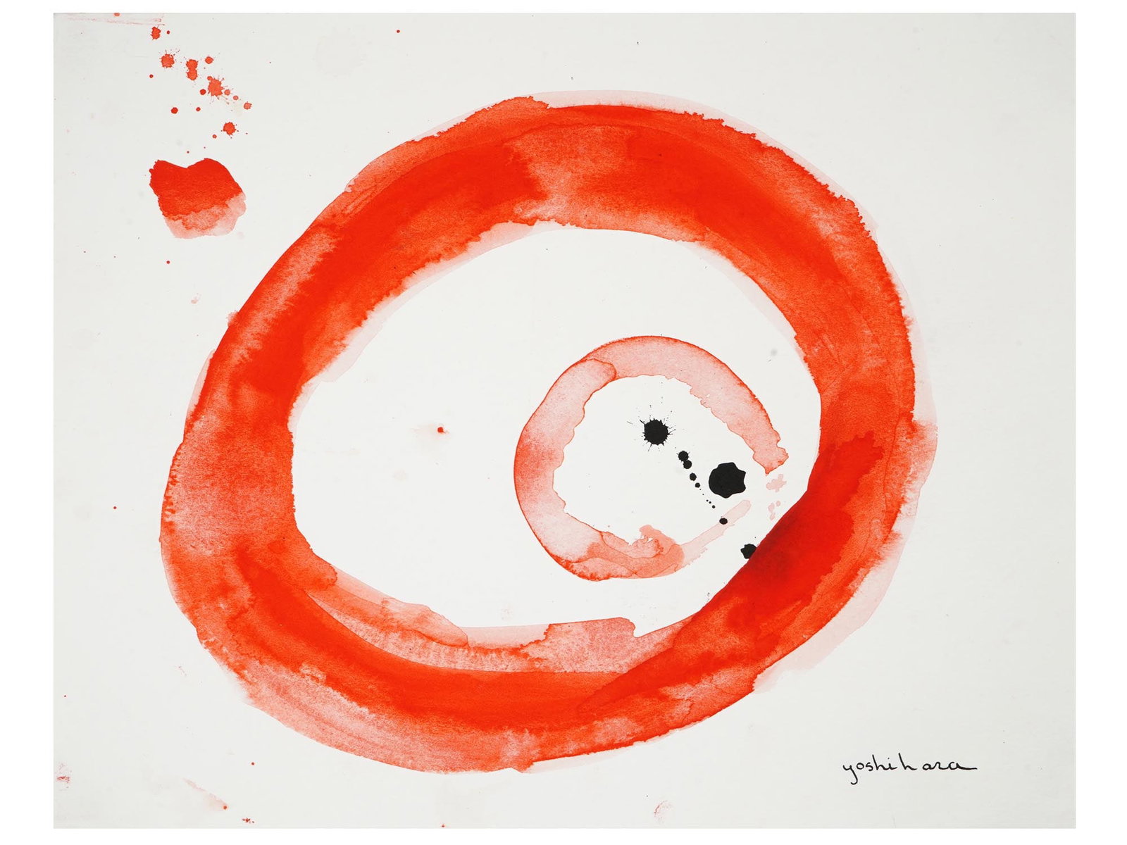 JAPANESE WATERCOLOR PAINTING SIGNED YOSHIHARA: A watercolor and ink on paper painting depicting an abstract circle composition. Signed lower right, Yoshihara. Jiro Yoshihara,1905 to 1972, was a Japanese painter, art educator, curator, and business