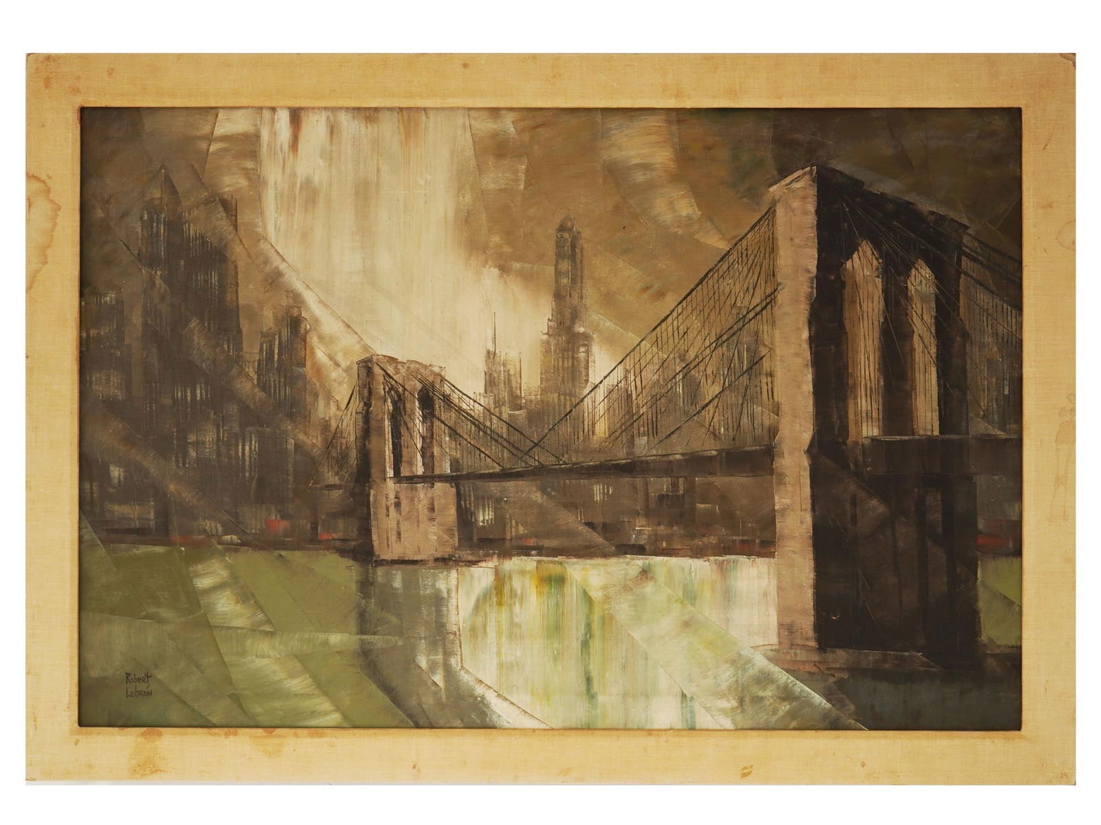 AMERICAN CITYSCAPE OIL PAINTING BY ROBERT LEBRON: Oil on canvas painting by Robert Lebron, 1928 to 2013, a NY-based American Impressionist artist of Puerto-Rican descent. The artwork represents the Brooklyn Bridge in NYC. Signed by the artist in the