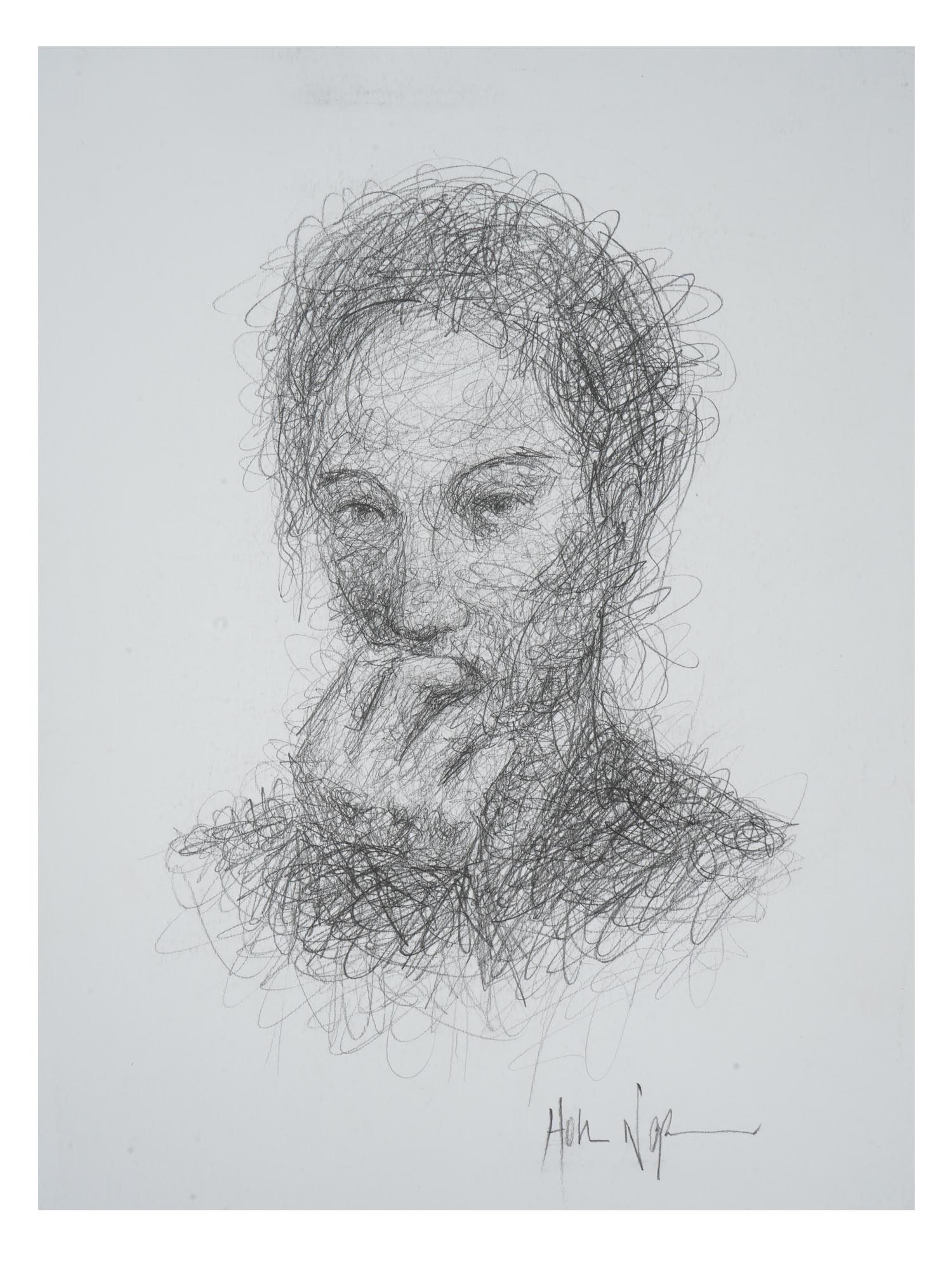 ATTR HOM NGUYEN VIETNAMESE PORTRAIT PENCIL PAINTING: Attributed to Hom Nguyen, French, Vietnamese, born 1972, pencil painting on paper depicting a portrait of a woman. Signed lower right. Hom Nguyen is a French painter of Vietnamese origin. His works ar