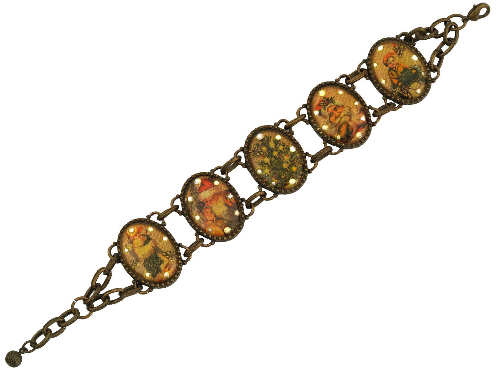VINTAGE NINA RICCI AVON CHRISTMAS LINK BRACELET: A vintage gold-tone metal chain link bracelet by Nina Ricci for Avon. Oval glass medallion links with Victorian-inspired Christmas images. Each link is also set with crystals. Lobster clasp. Hallmark 