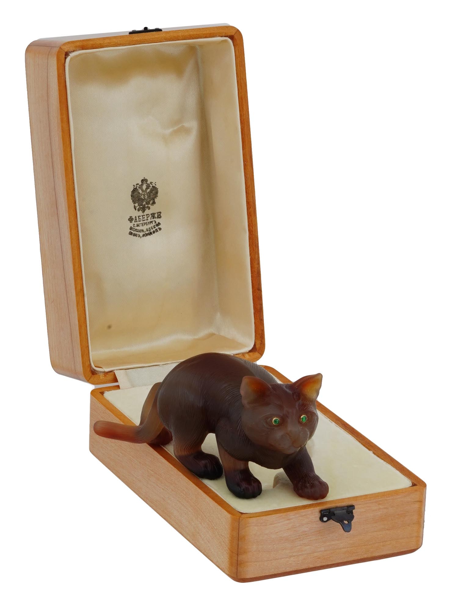 RUSSIAN CARVED AGATE CAT FIGURE W EMERALD EYES IOB (1 of 9)