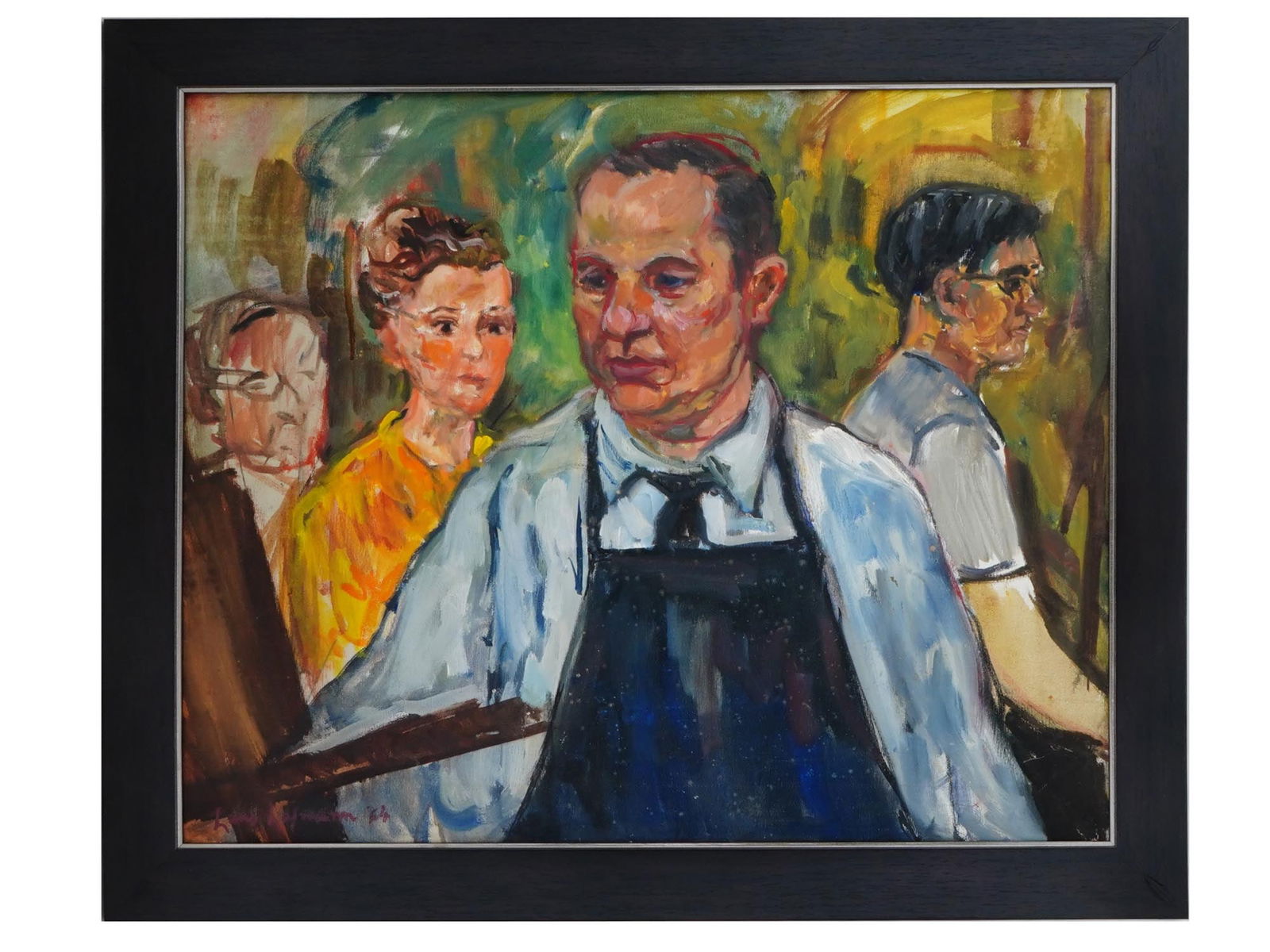 OIL PORTRAIT PAINTING SIGNED HANS HOFMANN 1964: An oil portrait painting on canvas mounted on board signed Hans Hofmann. The painting depicts a scene with a group of people with the central figure of a painting artist in the studio. Signed Hans Hof