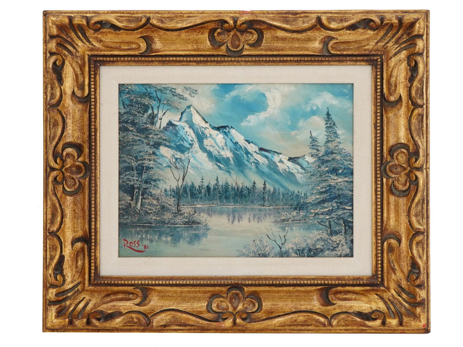 BOB ROSS AMERICAN LANDSCAPE OIL PAINTING: Bob Robert Norman Ross, American, 1942 to 1995, oil painting on board depicting a mountain river forest landscape, 1980. Signed and dated lower left. Framed. Additionally inscribed and dated, on the b
