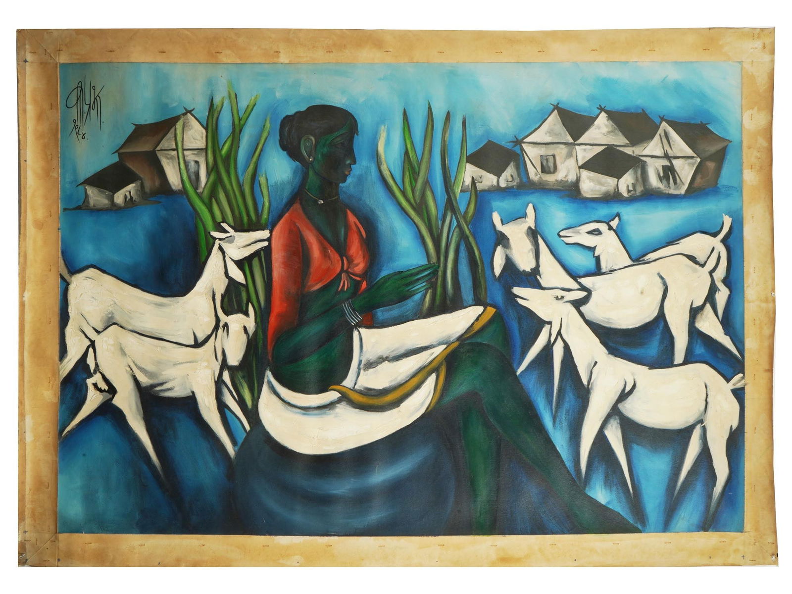 INDIAN PAINTING BY B. PRABHA SIGNED WITH COA: B. Prabha, Indian, 1933 to 2001, oil painting on canvas depicting an Indian woman surrounded by animals in the countryside landscape. Signed upper left. With the certificate of authenticity. B. Prabha