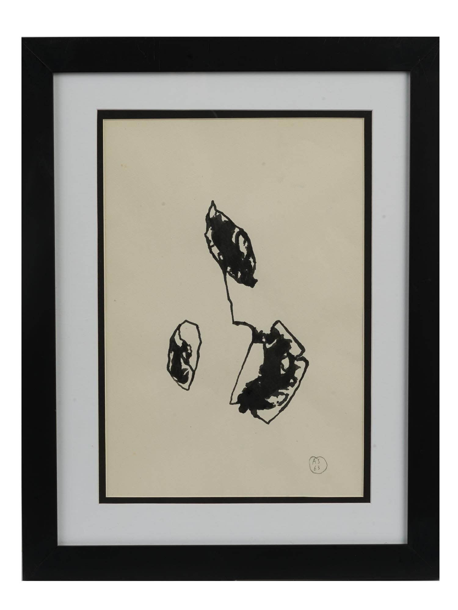 ATTRIBUTED TO ALINA SZAPOCZNIKOW POLISH INK PAINTING: Attributed to Alina Szapocznikow, Polish, 1926 to 1973, ink painting on paper depicting an abstract composition, 1963. Signed with initials and dated, lower right. Matted and framed. Alina Szapoczniko